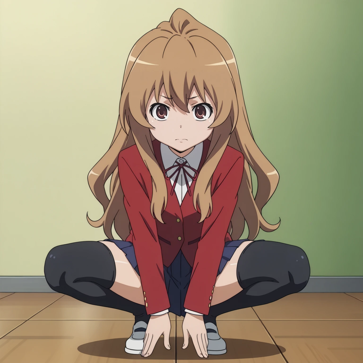 <lora:TaigaAisakaXLpony001>,
solo,
TaigaAisaka,1girl,brown hair,long hair,brown eyes,
school_uniform,red jacket,
blue skirt,pleated_skirt,
black thighhighs,
full body,squatting,