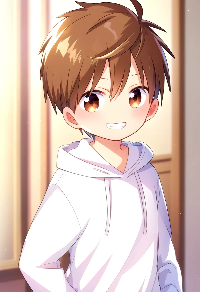 score_9, score_8_up, score_7_up, detailed eyes, village, BREAK
, standing, head tilted,
<lora:cutifiedanimecharacterdesign_variant_type_F_PonyXL_v10:1> 1boy, type-f, chestnut brown hair, chestnut  brown eyes,   petite, young, solo, white hoodie,  randoseru, aged down, black gakuran above hoodie,
grin