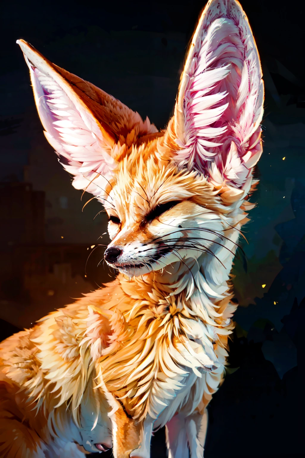 ((masterpiece,best quality)), absurdres,   <lora:FennecFox:0.7>,   FennecFox, solo, looking at viewer, no humans, portrait, realistic,  whiskers, dark background, closed eyes, upper body,