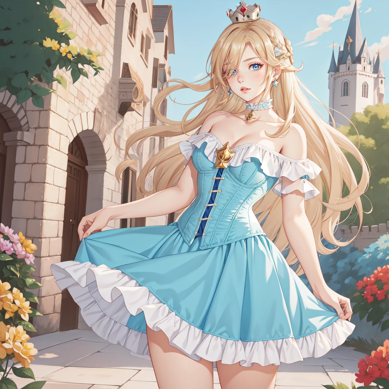 1girl, long blonde hair, hair over one eye, full body, hud_crst_prncss_drss, bare shoulders, blue corset, off shoulder, short sleeves, blue dress, short dress, frills, crown, choker, lipstick, high heels, <lora:corset_princess_sd15:0.7>, castle, garden