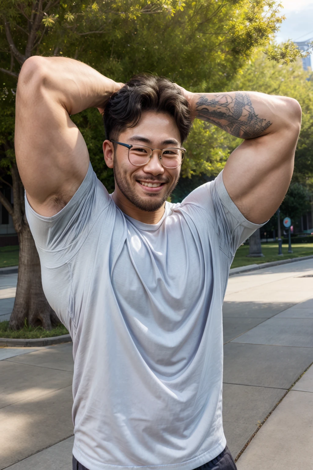 justinsaiyann, shirt, muscular, tattoo, park, glasses, stubble, beard, asian, smiling, daylight, (hands behind head)<lora:EMS-93-EMS:1.000000>, <lora:EMS-283192-EMS:0.800000>