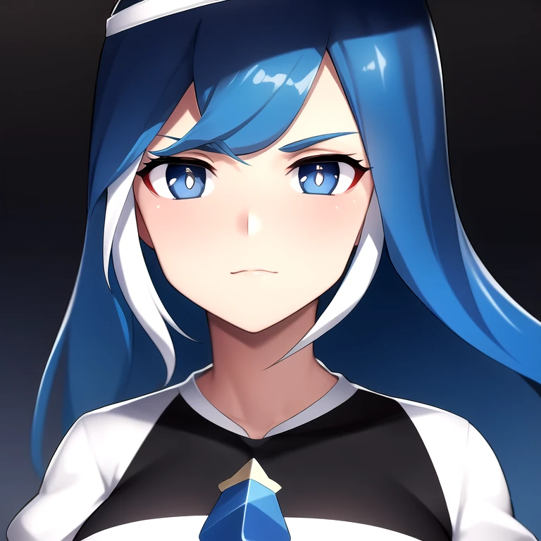 (score_9,score_8_up,score_7_up,score_6_up,source_anime,best best quality,perfect face,bright pupils,(finely detailed beautiful eyes),),full_shot,cowboy_shot,<lora:1748411177380811639:0.7>,Urbida (Reina Yagami),long hair,white fringe,blue eyes,blue hair,(white fringe (hair):1.2),