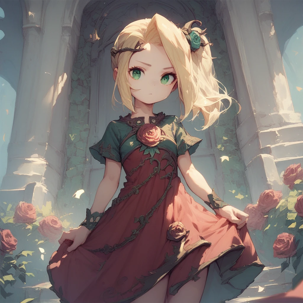 score_9, score_8_up, score_7_up, 1girl, blonde, side ponytail, small breast, green eyes, hair flower, hair ornament, rose, dress,