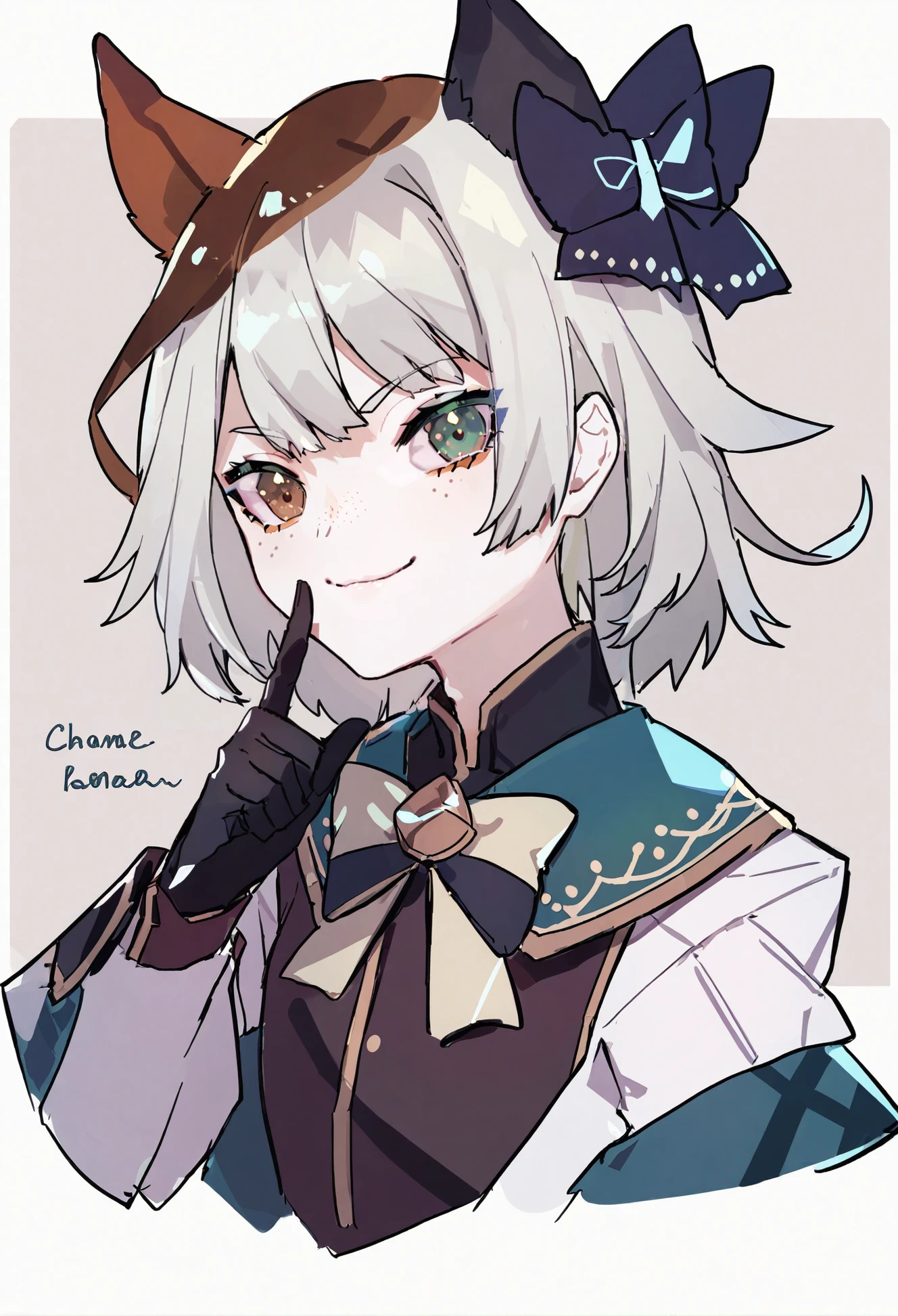 masterpiece, best quality,
multiple boys,
finger to mouth, bow, black bow, short hair, smile, freckles, white background, simple background, animal ears, hair bow, looking at viewer, portrait, closed mouth, black hair, cropped shoulders, shushing, frown, gloves, blonde hair, brown eyes, hand up, long hair, green hair, brown hair, blue hair, twitter username, colored eyelashes, long bangs, character name, white hair, green eyes, black gloves
<lora:menouXLlokr8f-000186:0.95>
