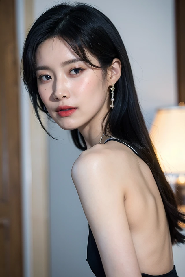 30 years old woman, milf, in bedroom, (black dress), RAW photo, (photorealistic: 1. 37, realistic), highly detailed CG unified 8K wallpapers, 1girl, (huge breast:1.1), looking at viewer, (((straight from front))), (HQ skin:1.2, shiny skin), 8k uhd, dslr, soft lighting, high quality, film grain, Fujifilm XT3, ((dynamic pose:1.2)) ((upper body:0.6)) (professional lightning:1.2), <lora:JeonSoyeon_V1.0:0.8> soyeon