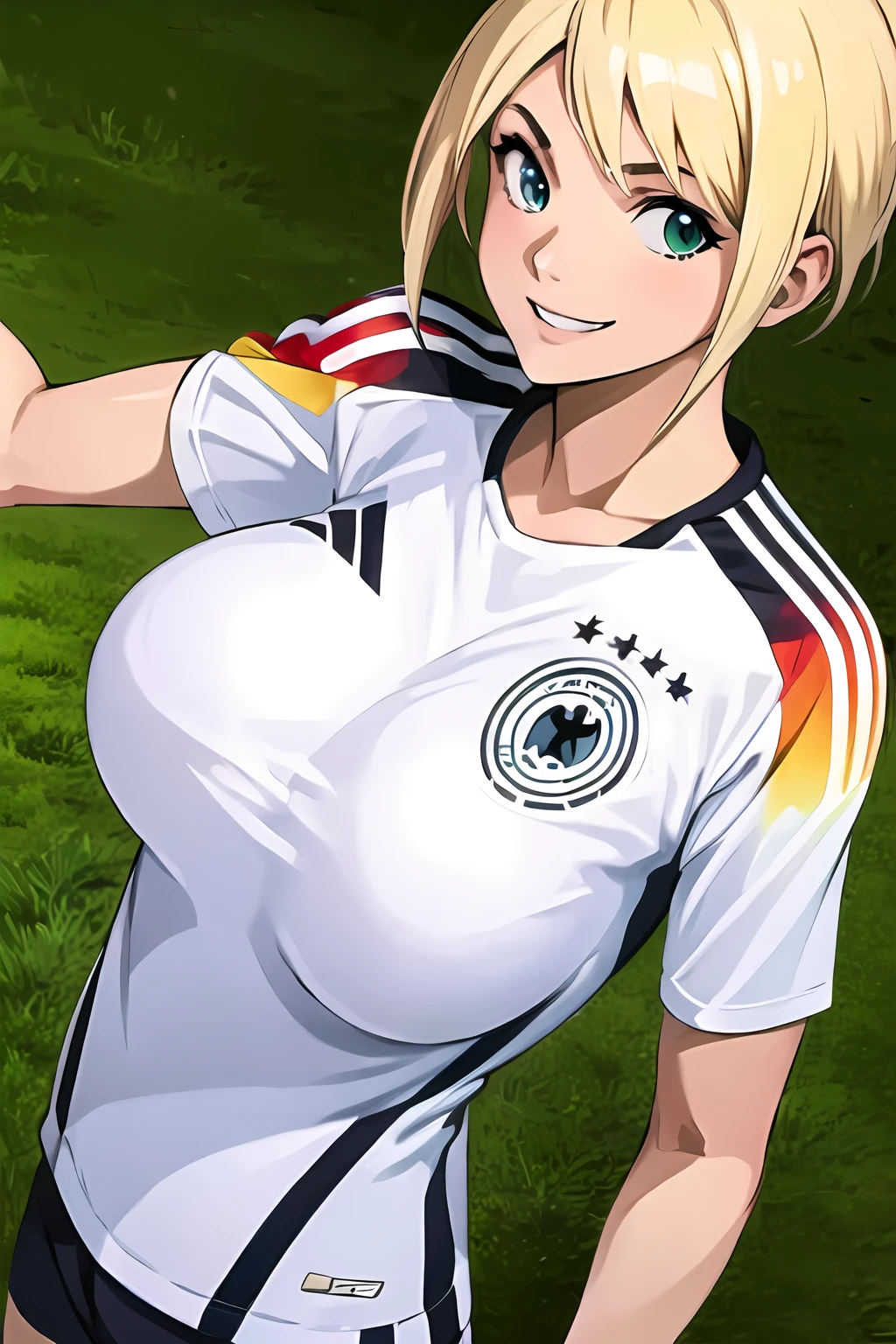 <lora:SC-G3R_Shirt_2024:1>, g3rm4ny, soccer uniform, sportswear, shirt, short sleeves, shorts, upper body, 1girl, short hair, blonde hair, smile, soccer stadium, green field, massive breasts, (extremely detailed CG unity 8k wallpaper), (best quality), (ultra-detailed), (best illustration)