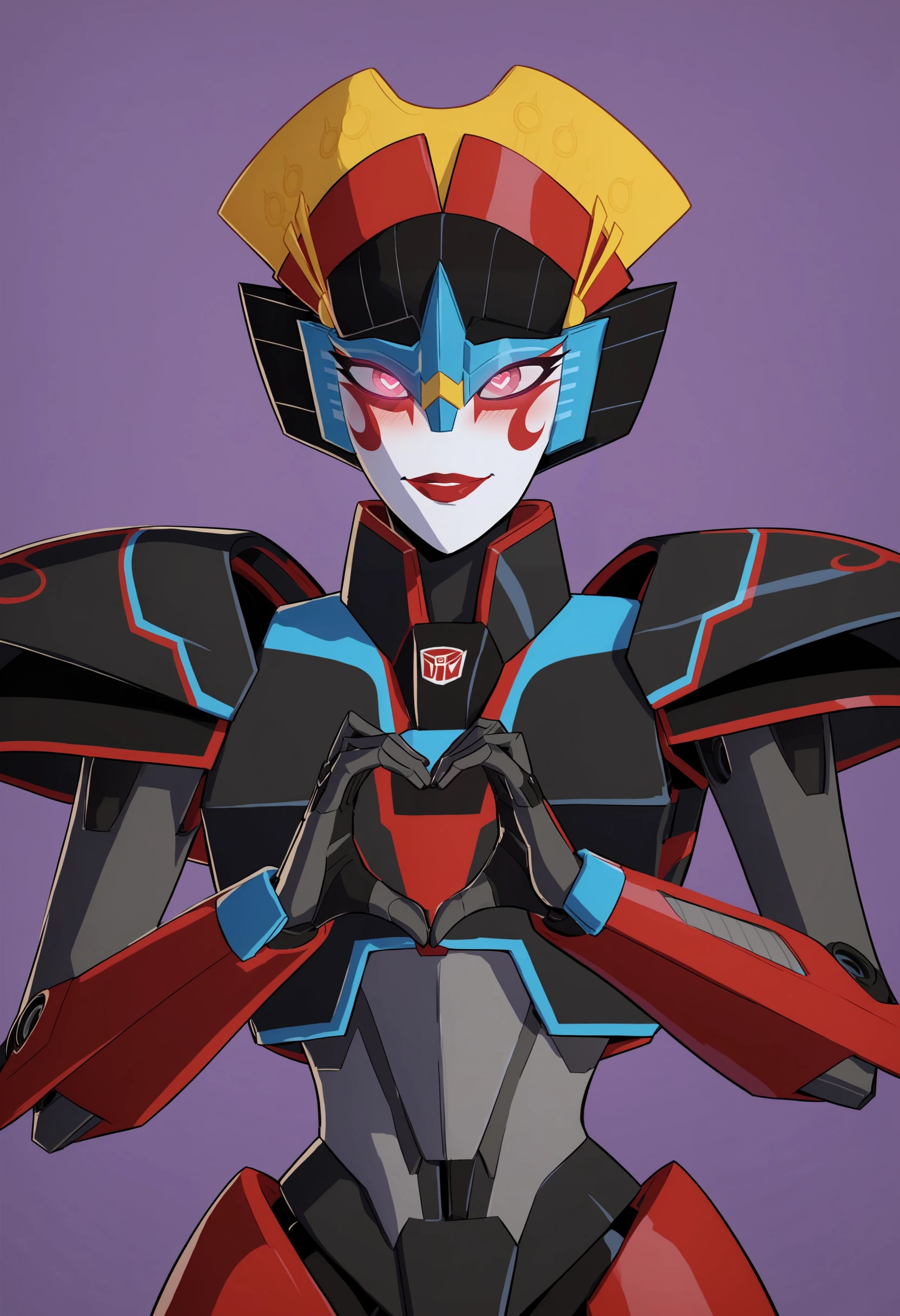score_9, score_8_up, score_7_up, score_6_up, score_5_up, score_4_up, 1girl, <lora:Windblade:0.8> solo, autobot, robot, mecha, red lips, pink eyes, glowing eyes, embarrassed, blush, smile, heart hands, heart pupils,
purple background, simple background,