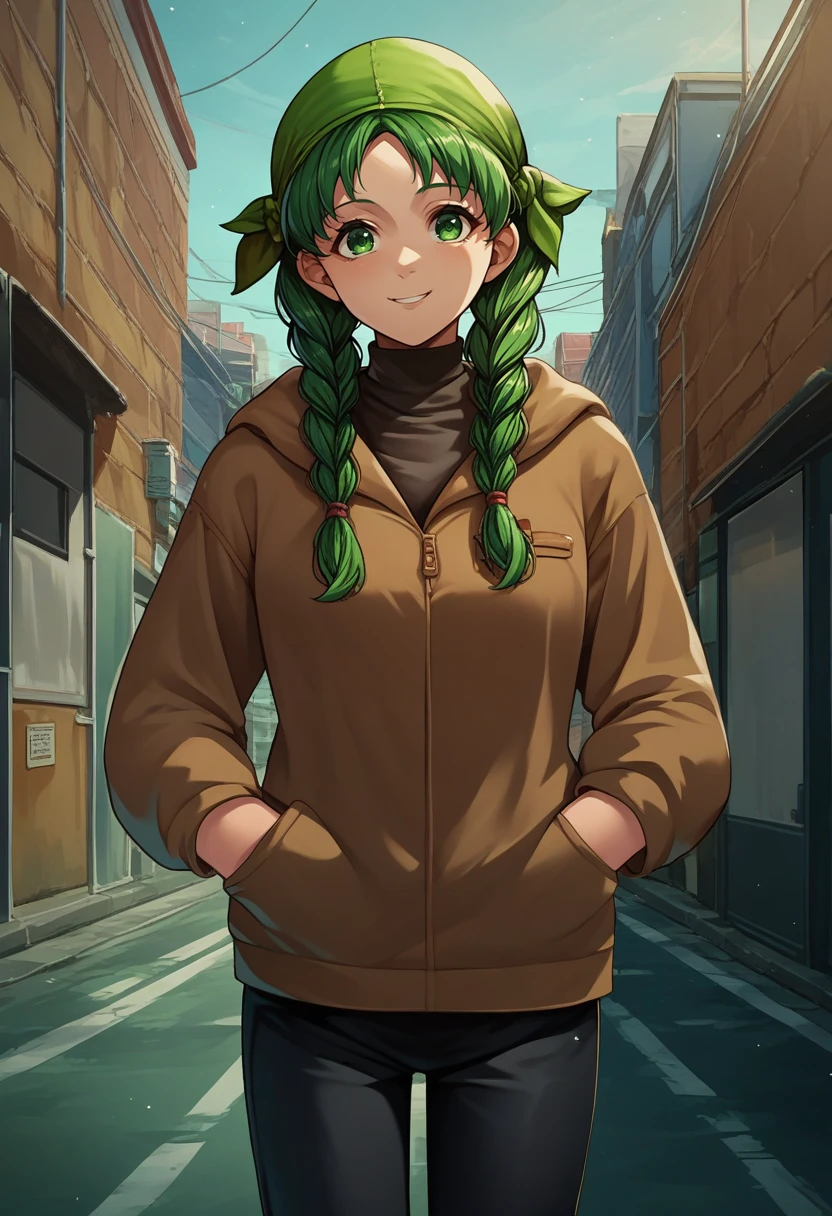 score_9, score_8_up, score_7_up, source_anime, solo, 1girl, ferebecca, smile, looking at viewer, hands in pockets, twin braids, bandana, brown hoodie, long sleeves, black pants, outdoors, city street <lora:fireemblem_rebecca_ponyXL:1>