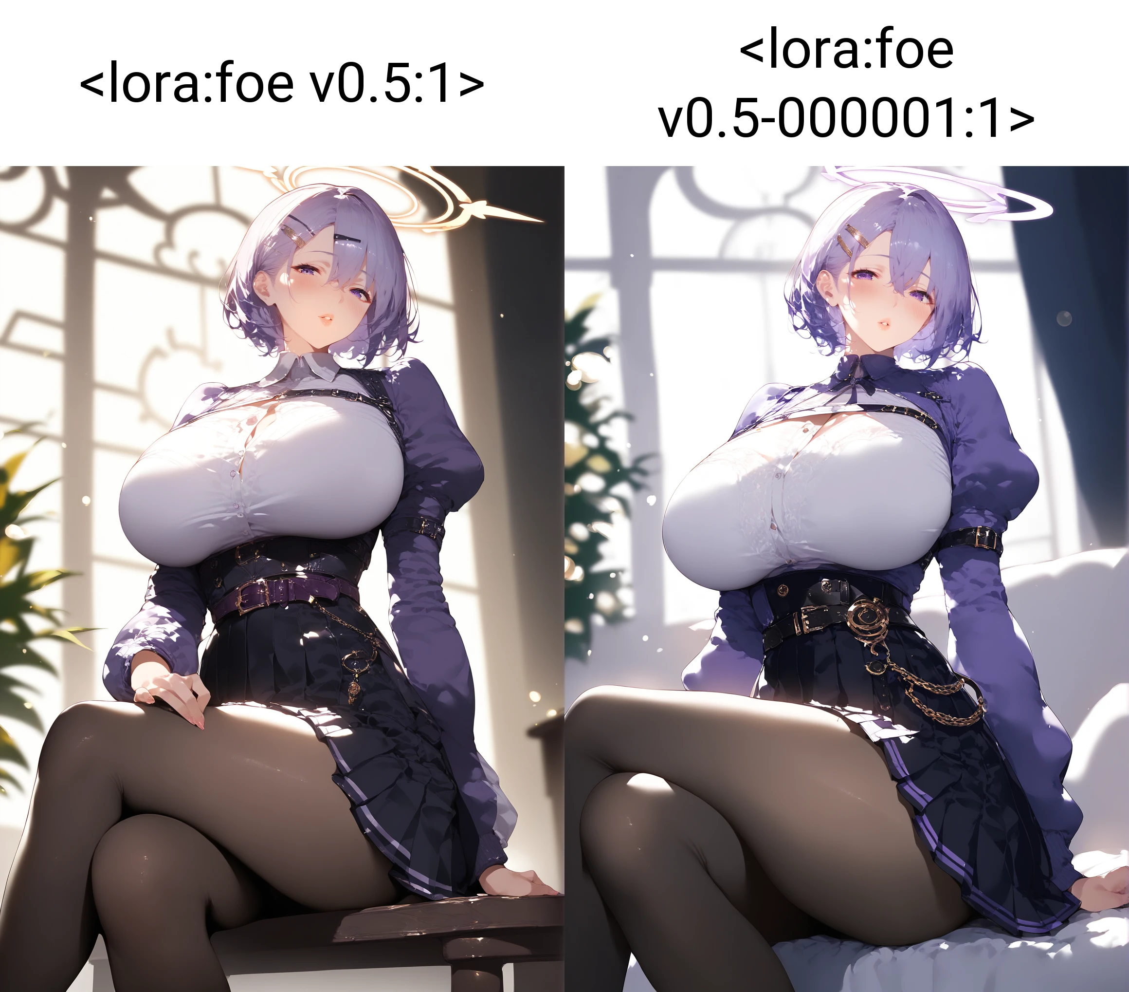 score_9, score_8_up, score_7_up, score_6_up, score_5_up, score_4_up, <lora:foe v0.5:1>, 1girl, breasts, solo, pantyhose, hair ornament, skirt, halo, hairclip, hat, looking at viewer, blush, huge breasts, sitting, purple jacket, purple hair, long sleeves, purple eyes, belt, hair between eyes, juliet sleeves, thighs, bangs, black pantyhose, short hair, black skirt, indoors, puffy sleeves, parted lips, pleated skirt, miniskirt, jacket