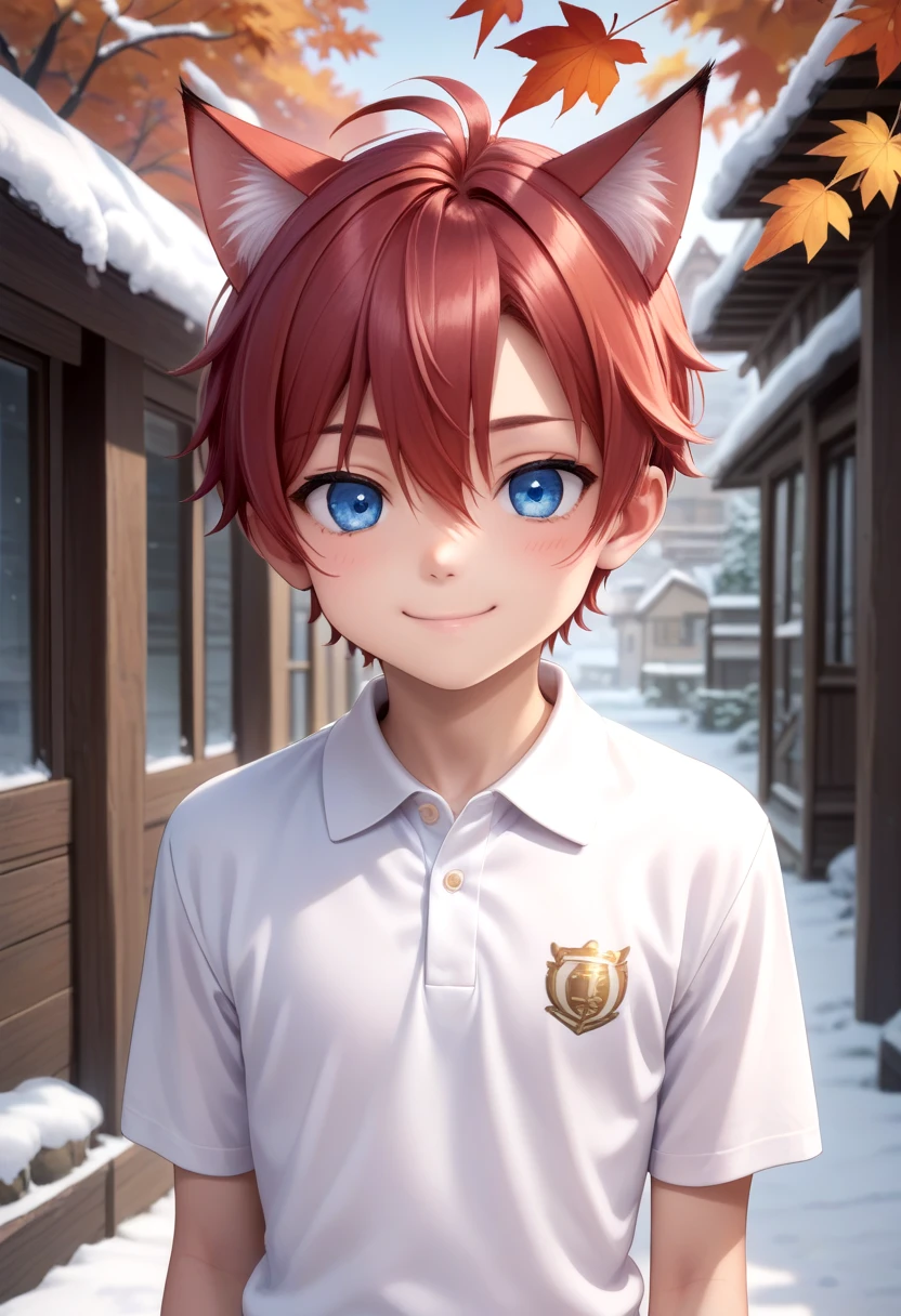 score_9, score_8_up, score_7_up, detailed eyes, autumn leaf, snowy, village, BREAK
straight on shot, standing,
<lora:cacd-pony-BASE:0.75> aki, 1boy, (crimson hair:1.2), white polo shirt, smile, male, male focus, closed mouth, blue eyes, cat boy, (red cat ears:1.2),
looking at viewer,male, male focus, blue hair, inside, corridors, petite, vivid colors, petite, cute, young, masterpiece, high quality, very_high_resolution, large_filesize, full color, detailed face,