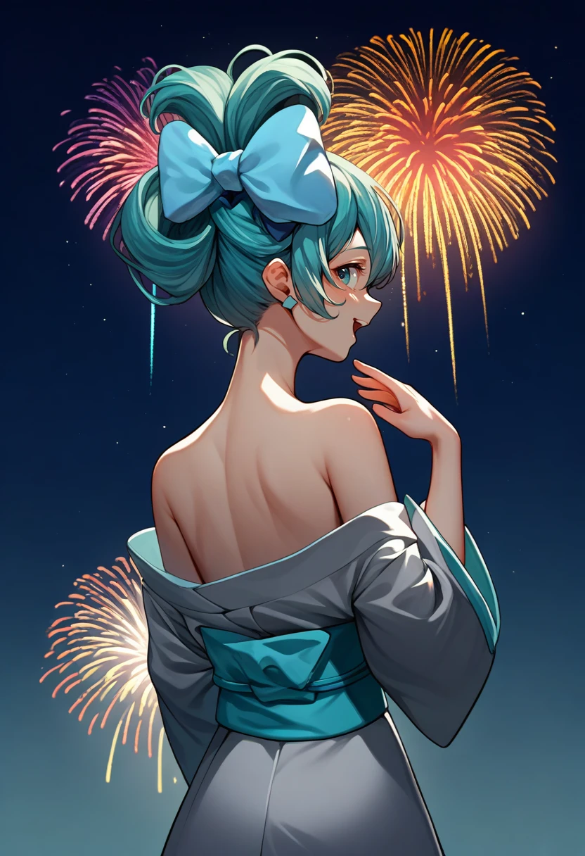 score_9, score_8_up, score_7_up, source_anime, from behind, solo, 1girl, cinnamiku, happy, looking back, updo, hair ornament, hair bow, blue bow, ear bow, grey kimono, off shoulder, aqua sash, bare shoulders, fireworks <lora:vocaloid_cinnamiku_ponyXL:1>