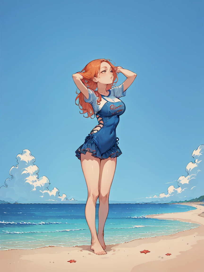 score_9, score_8_up, score_7_up, score_6_up,  1girl, ginger hair, long hair,  <lora:chuckysw1mXLP:0.8> chuckysw1m, swimsuit, shirt, beach,  <lora:Black_Magic_Steering:1> source_anime, full body, large breasts,