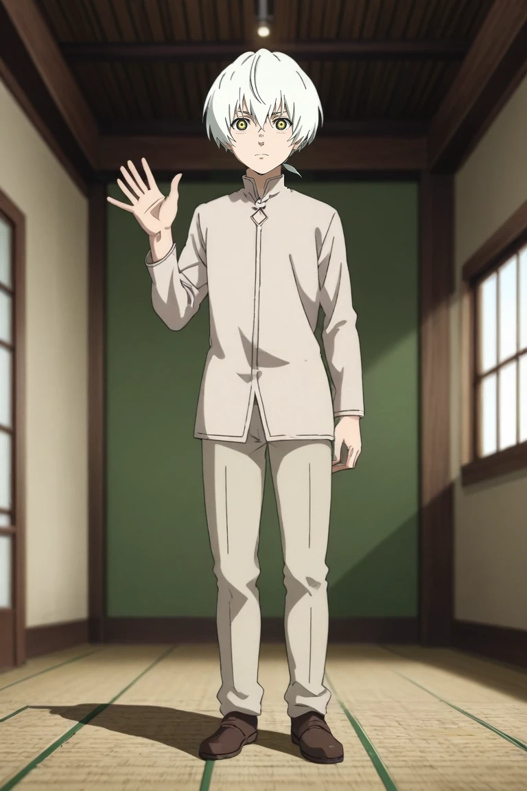 score_9, score_8_up, score_7_up, source_anime, rating_safe, intricate details, anime screencap, , official style, , depth of field, 1boy, solo, male focus, <lora:fushi_fumetsu_pony:0.96>, fushi_fumetsu, white hair, green eyes, short hair, hair between eyes, bangs, ponytail, , wide angle, wide shot, full body, field, indoors, waving, nervous, , <lora:sdxl_lightning_8step_lora:1>