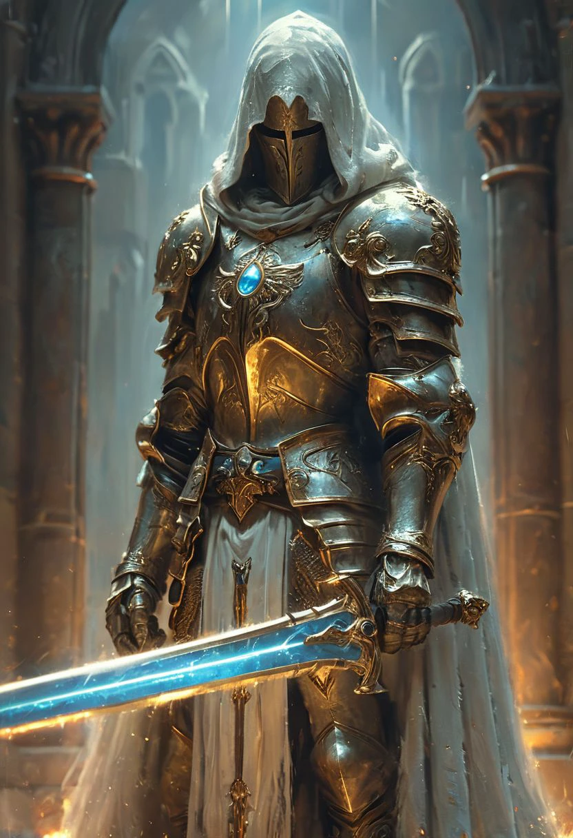 A stunning, highly detailed dark fantasy full body illustration of a proud angelical warrior wearing intricate medieval white HKStyle armor and an epic white ornamented mask, holding a great golden glowing sword, golden and blue glooming eyes, very wide shoulders, wearing big gauntlets, epic composition. The warrior stands heroic with a flowing cloak and white hood during a storm with foggy gloom, thunderclouds in the background . The scene depicts him with brooding emotional agony , style by Greg Rutkowski, by Milo Manara and Russ Mills, with insanely intricate details and textures, gloomy dramatic lighting, 8K resolution