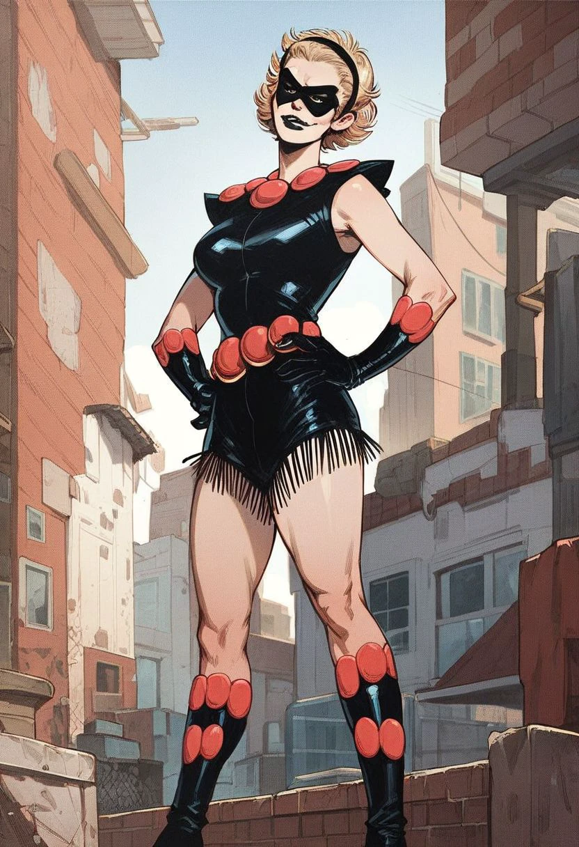 Score_9_up, score_8_up, score_7,_up, score_6_up, 1girl, solo, rosie_raymond, (pow_girl_costume, boots, gloves, domino mask, short hair, hairband, black lipstick), standing heroically on a rooftop, hands on hips, dazzling smile, (realistic)