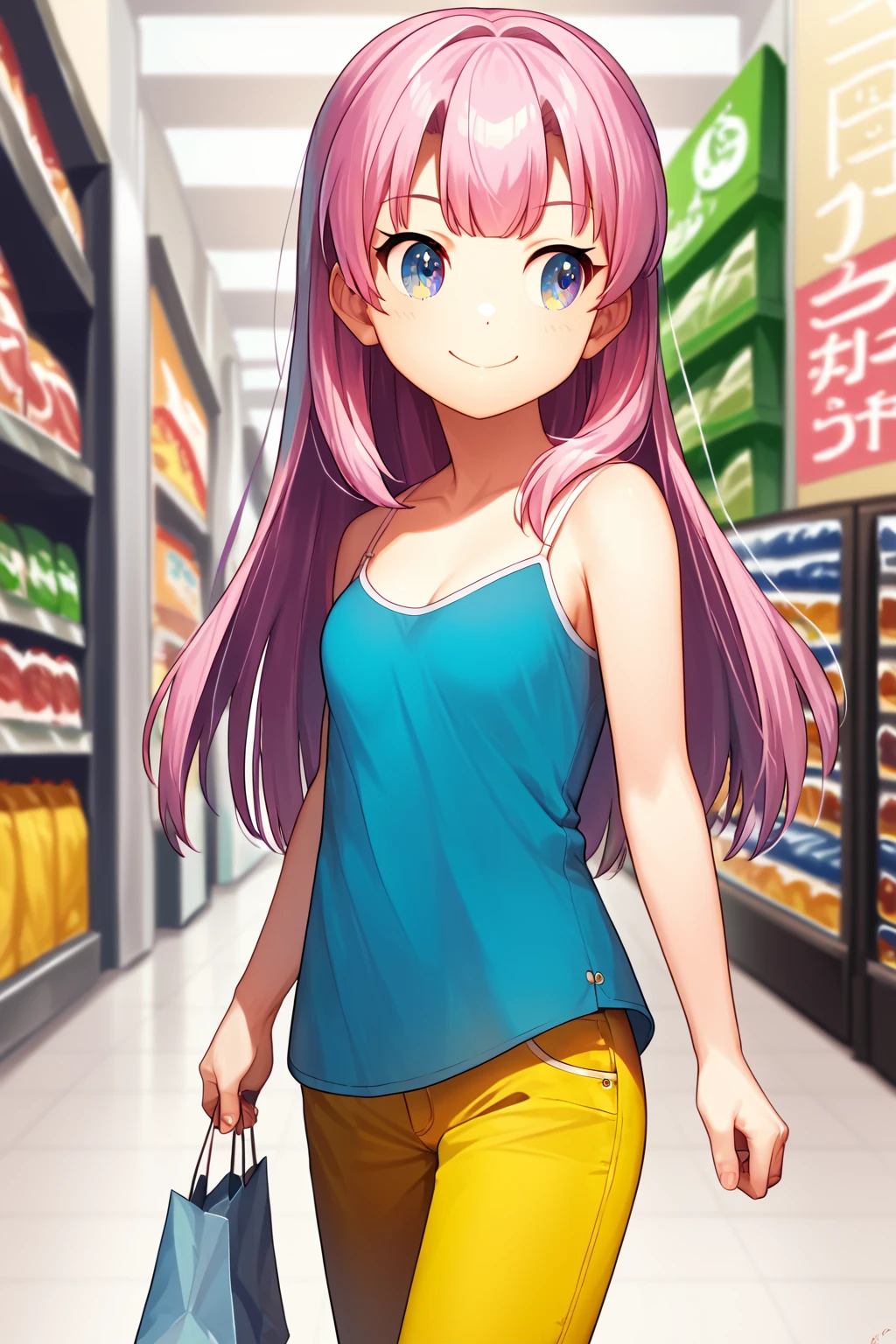 score_9, score_8_up, score_7_up, score_6_up, rating_safe, source_anime, best quality, masterpiece, detailed background, detailed eyes, blue camisole, yellow pants, shopping mall, walking, hands at side, looking away, from side view, <lora:satou-hina-xl-04:1.2>, satou hina, smile, cowboy shot, small breasts, long hair,