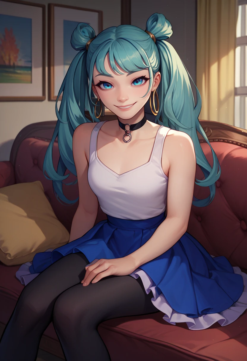 score_9, score_8_up, score_7_up, solo, 1girl, vbsmiku, smile, looking at viewer, sitting, couch, twintails, white tank top, layered skirt, blue skirt, black pantyhose, hoop earrings, black choker, indoors <lora:projectsekai_vividbadsquadmiku_ponyXL:1>
