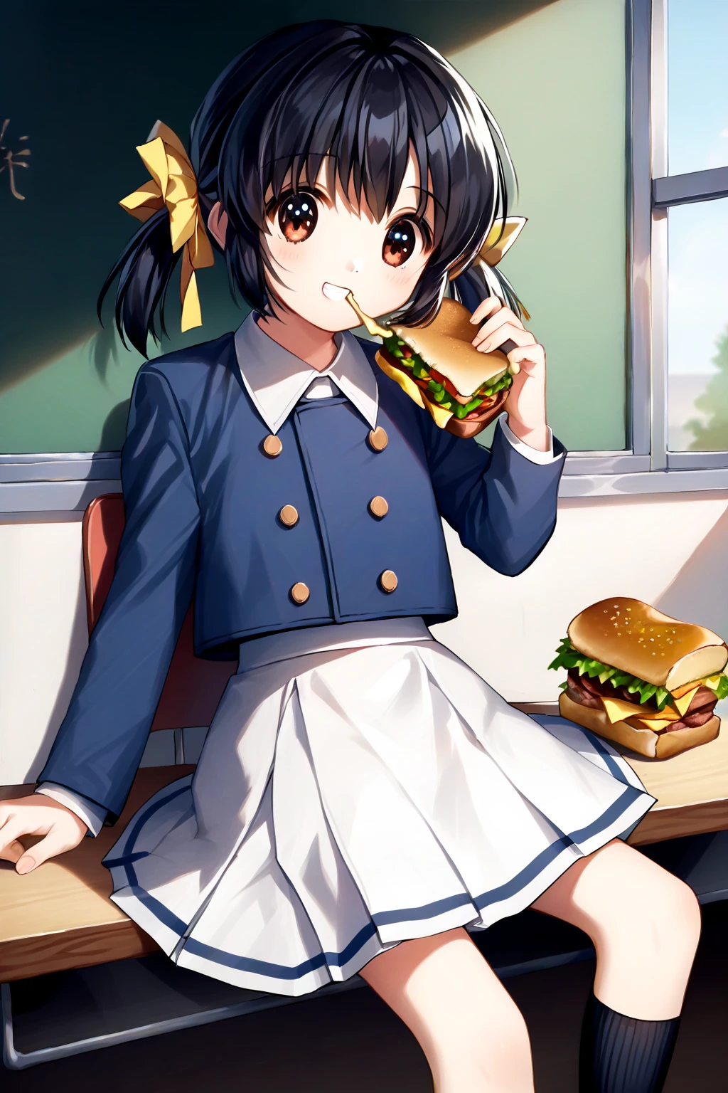 score_9, score_8_up, score_7_up, score_6_up, rating_safe, source_anime, best quality, masterpiece, detailed background, detailed eyes, school cafeteria, eating sandwich, sitting, <lora:sunohara-mei-xl-06:1>, sunohara mei, black hair, flatchested, yellow ribbons, buttoned uniform, white skirt, black socks, smile