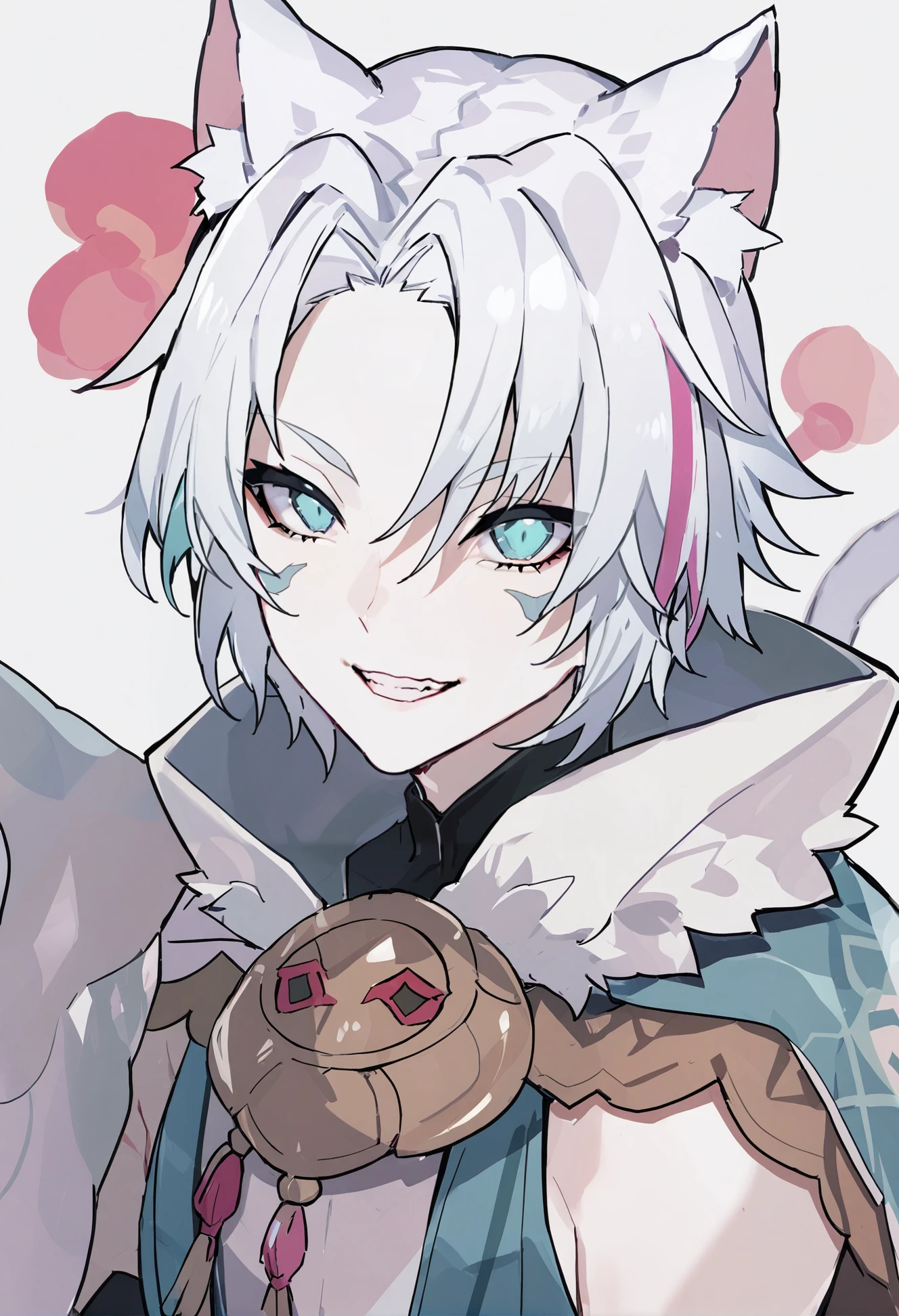 masterpiece, best quality,
1girl, 1boy, male focus, warrior of light \(ff14\),
solo, smile, blue eyes, miqo'te, facial mark, looking at viewer, multicolored hair, animal ears, hair over one eye, portrait, white hair, grin, pink hair, simple background, short hair, streaked hair, japanese clothes, aqua hair, blue kimono, hair between eyes, white background, green eyes, whisker markings, kimono, cat ears
<lora:menouXLlokr8f-000186:0.95>