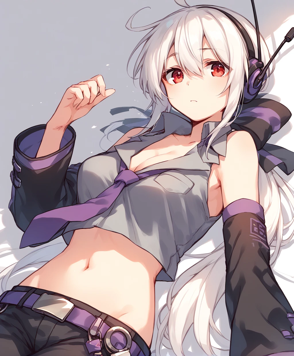 score_9,score_8_up,score_7_up,score_6_up,score_5_up,score_4_up,
1girl,<lora:yowanehaku_pony:1>,yowane haku,voyakiloid,red eyes,white hair,bow,hair bow,ponytail,ahoge,
necktie,cleavage,navel,belt,pants,crop top,grey shirt,black sleeves,bare shoulders,headphones,purple neckwear,
