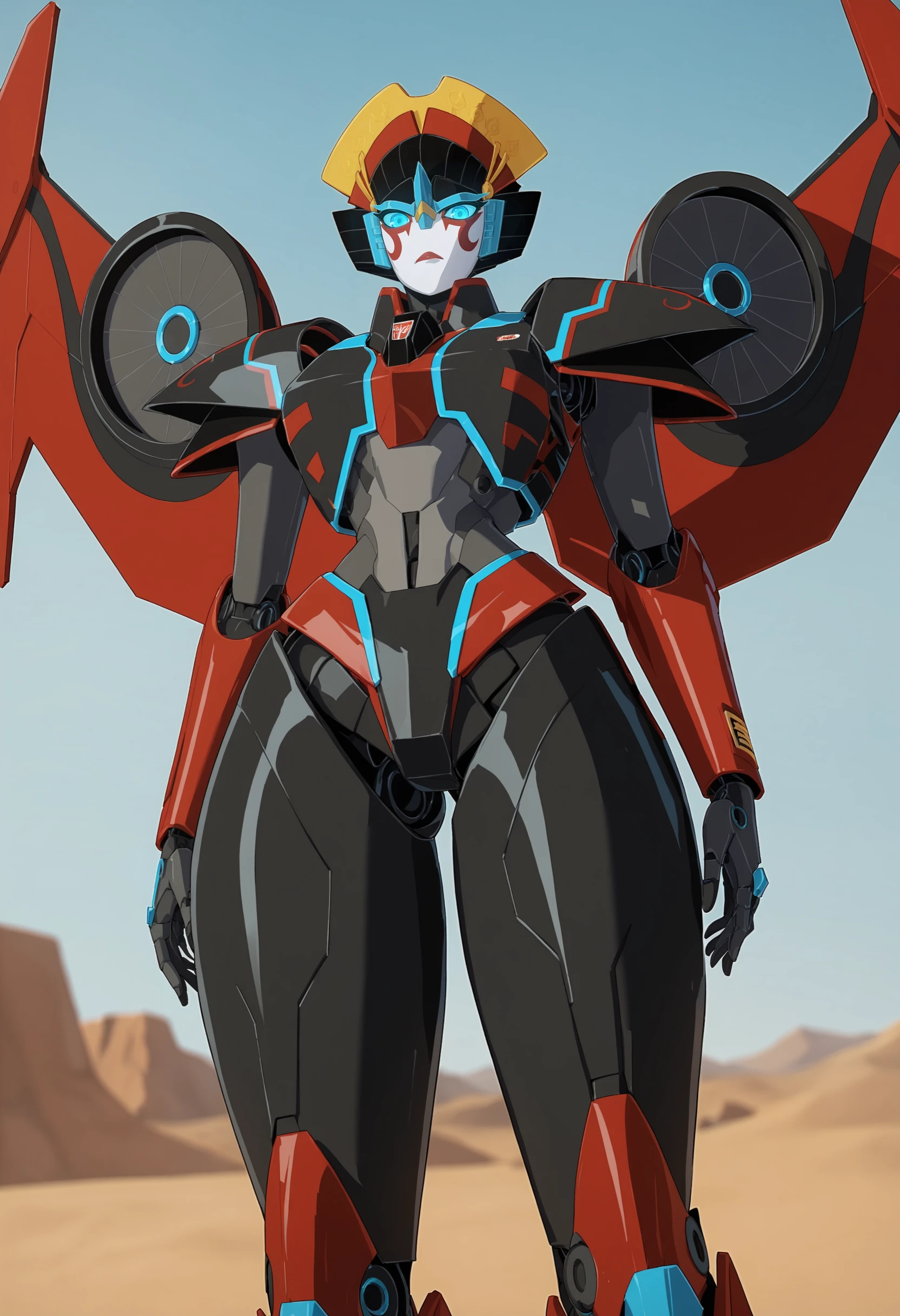 score_9, score_8_up, score_7_up, score_6_up, score_5_up, score_4_up, 1girl, <lora:Windblade:0.75> solo, robot, mecha, mechanical wings, blue eyes, glowing eyes, thick thighs, looking at viewer, view from below,
desert background, blurry background,