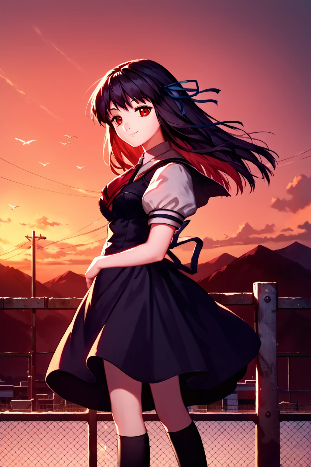 score_9, score_8_up, score_7_up, score_6_up, rating_safe, source_anime, best quality, masterpiece, detailed background, detailed eyes, school rooftop, sunset, leaning, fence, <lora:tohno-minagi-xl-05:1>, tohno minagi, air school dress uniform, medium breasts, black socks, red eyes, cowboy shot, smile, half-closed eyes,