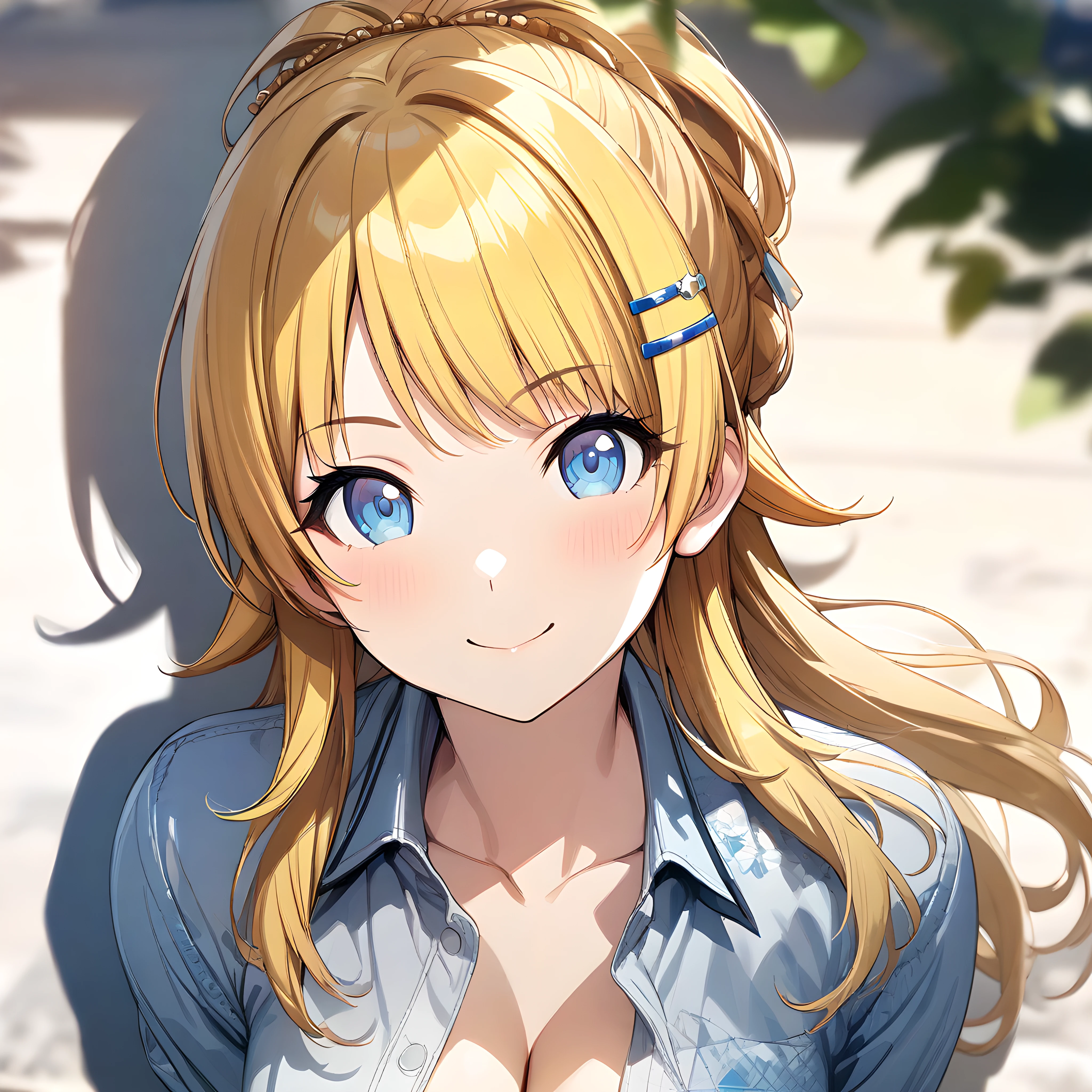 (masterpiece),(best quality),(ultra-detailed),(best illustration),(best shadow),(absurdres),(detailed background),(very aesthetic),  meguru hachimiya, 1girl, blonde hair, solo, hair ornament, blue eyes, smile, hairclip, long hair, , breasts, cleavage, blurry background, looking at viewer, shirt, jewelry, portrait, close-up<lora:XL-MeguruHachimiyav1:1>