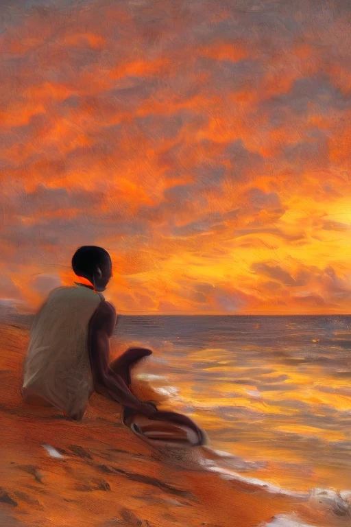 a man sitting in the beach looking at the orange sunset in the caribbean night time, <lora:BigSleepAI_Custom-000008:1> bigsleepai
