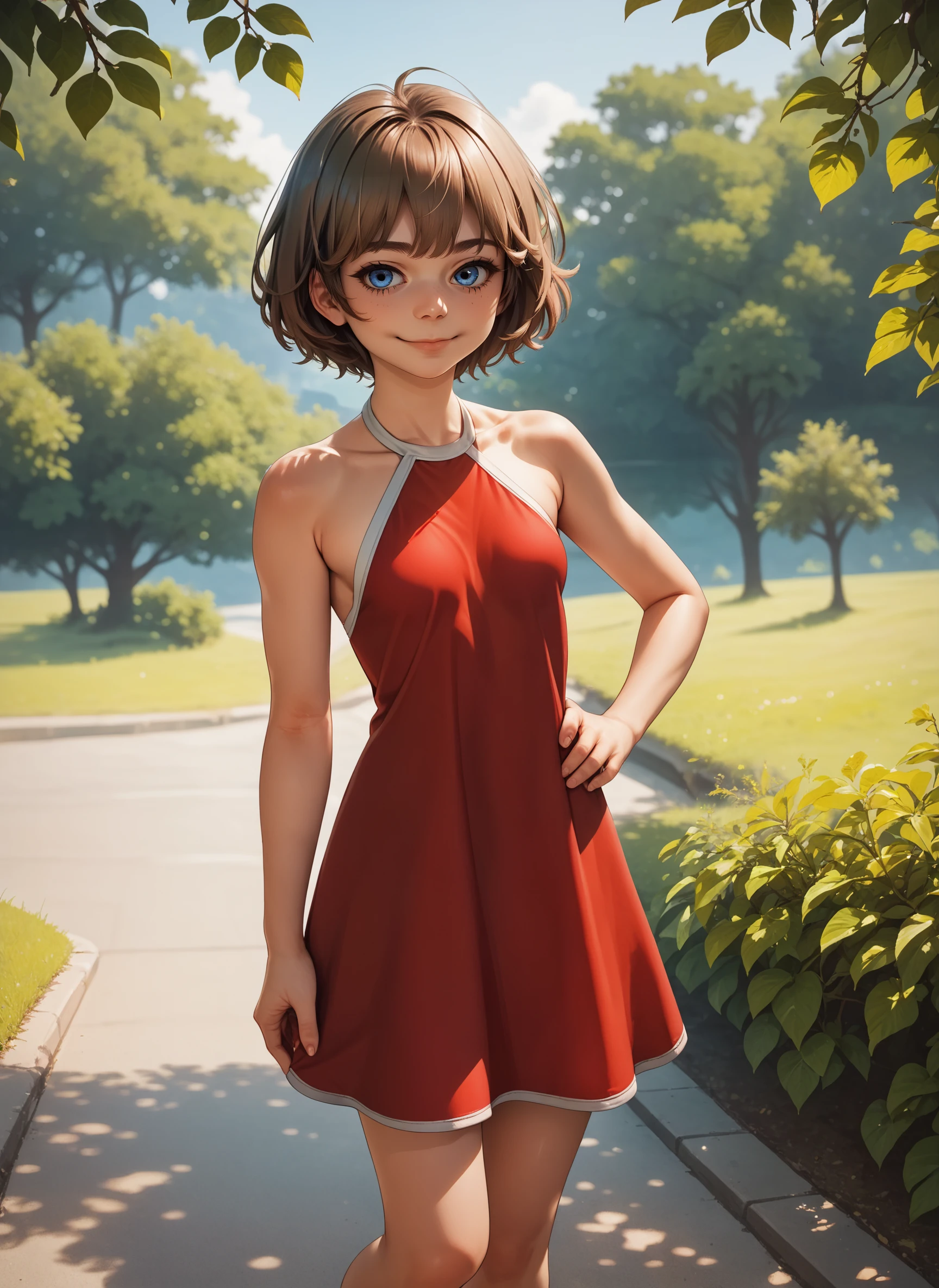 score_9, score_8_up, score_7_up, score_6_up, source_cartoon,
alisas, 1girl, solo, full body, looking at viewer, brown hair, eyelashes, short hair, closed mouth, red dress, halterneck, collarbone, outdoors, sky, tree, cute face, blue eyes, small breasts, smile, hand on own hip,
<lora:alisas_pdxl4:1>