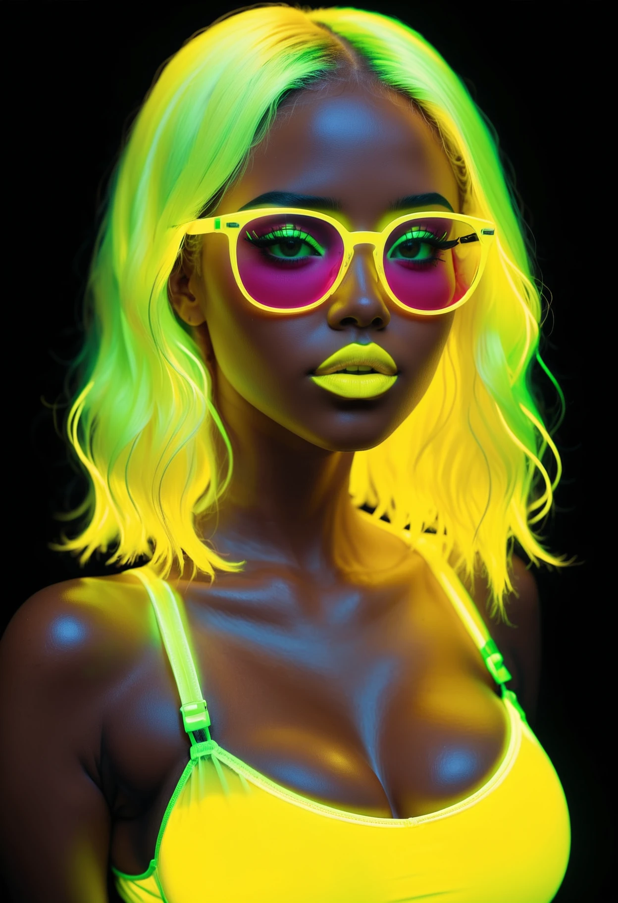 glowing neon yellow hair, glowing neon yellow glasses, glowing neon yellow tank top, glowing neon yellow lipstick, upper body portrait, 1girl, dark skin, cleavage, large breasts, <lora:lukethighwalkerneonsdxlv6:0.5>