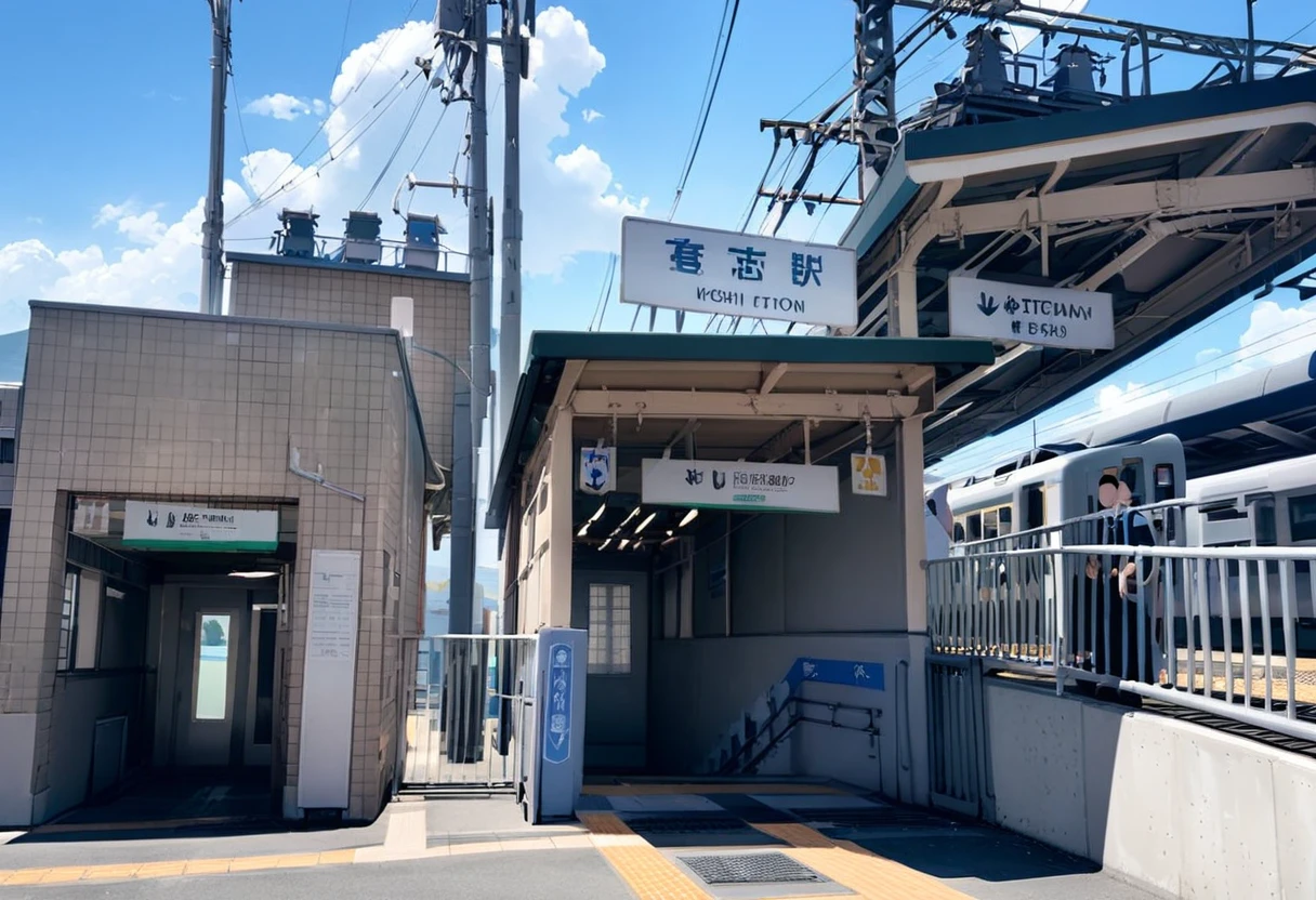 masterpiece, best quality, very aesthetic, absurdres,
kishieki_NORTH, scenery, outdoors, sky, sign, day, blue sky, building, cloud, power lines, railing, train, railroad tracks, english text
<lora:kintetsu_kishi_eki_SDXL_V2:1>