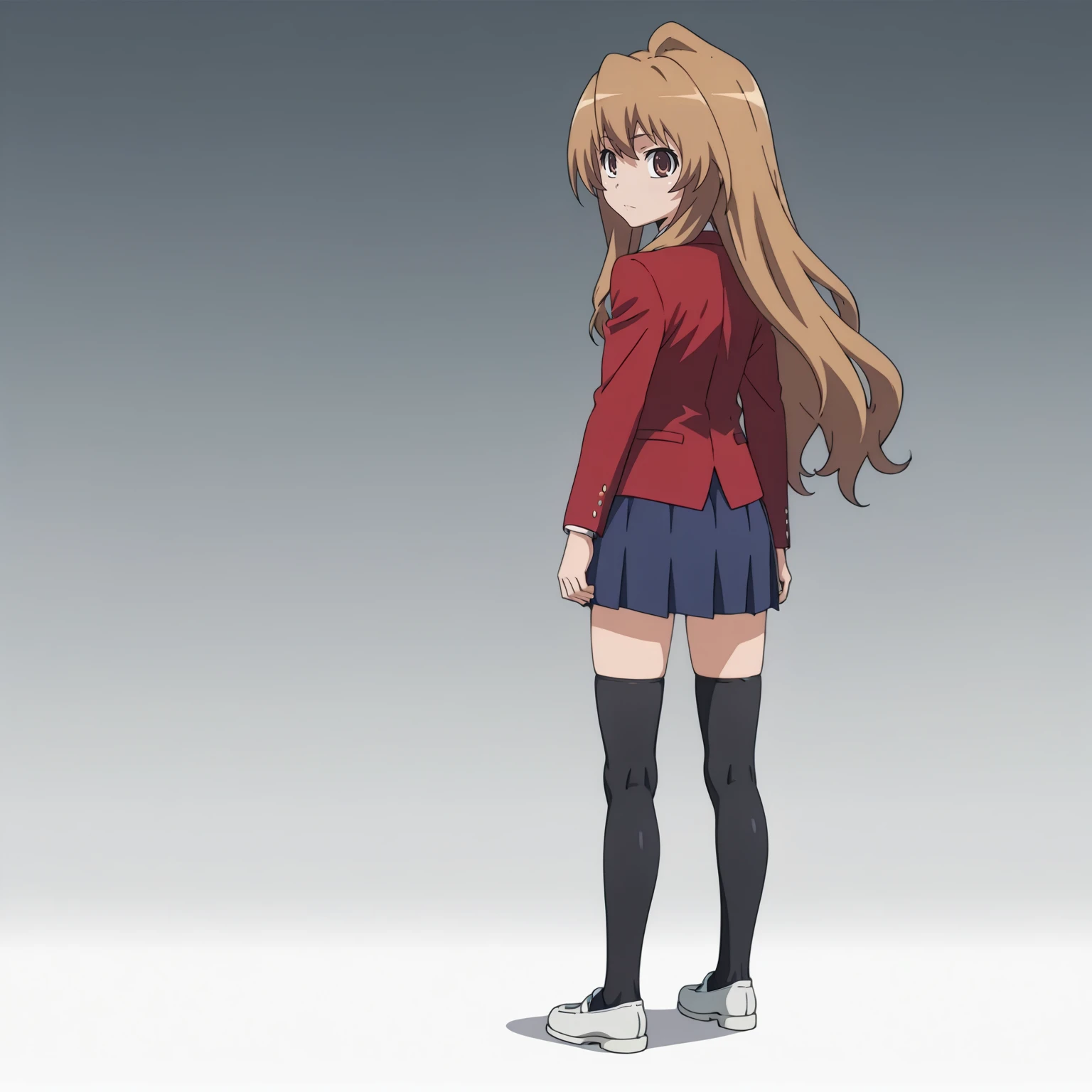 <lora:TaigaAisakaXLpony001>,
solo,
TaigaAisaka,1girl,brown hair,long hair,brown eyes,
school_uniform,red jacket,
blue skirt,pleated_skirt,
black thighhighs,
full body,standing,looking back,