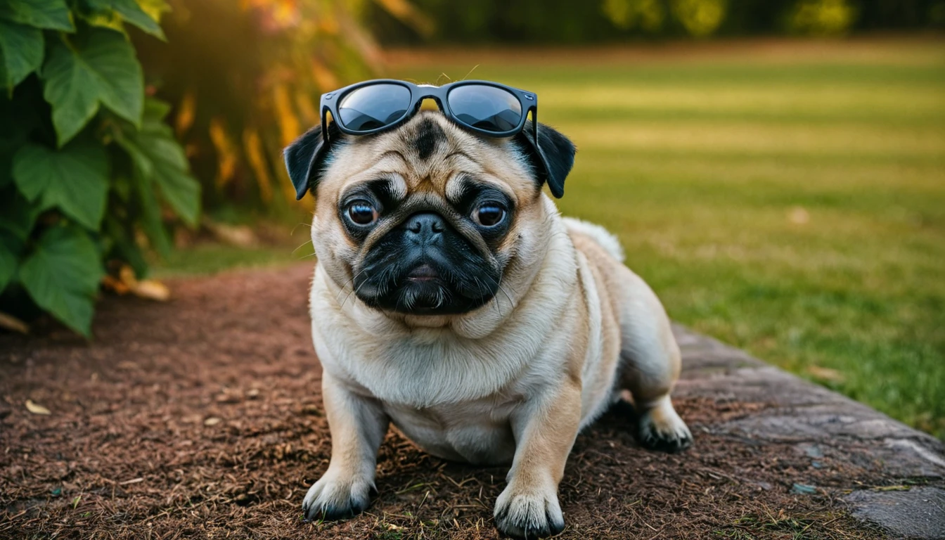 cinematic, pug with black sunglasses on top of head<lora:sunglasses_on_head-000010:1>