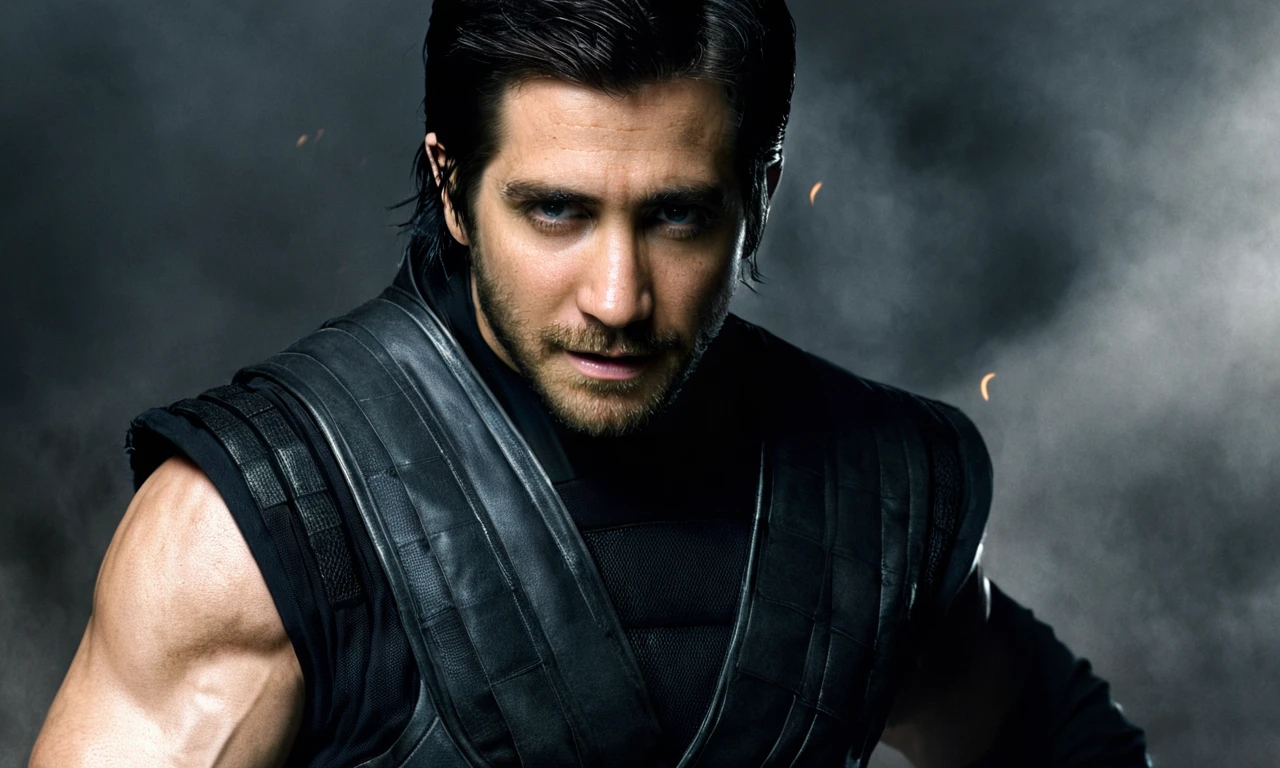 Gyllenhaal, <lora:gyllenhaal-128:0.9>, black hair, mortal combat, medium full shot