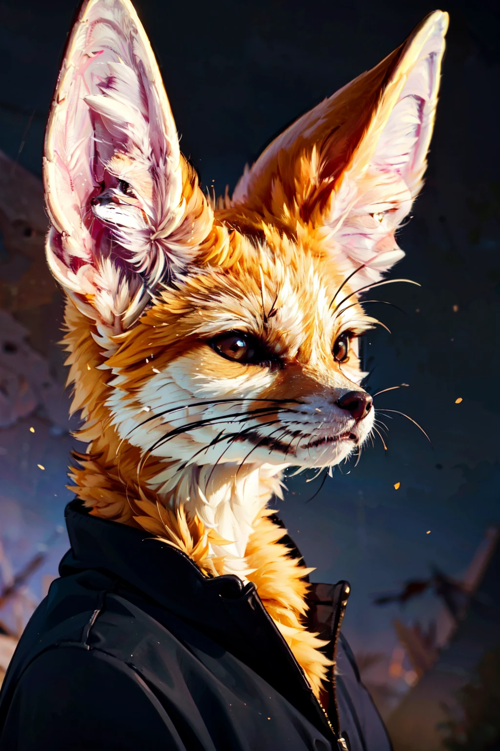 ((masterpiece,best quality)), absurdres,   <lora:FennecFox:0.7>,   FennecFox, solo, looking at viewer, no humans, portrait, realistic,  whiskers, dark background, upper body,