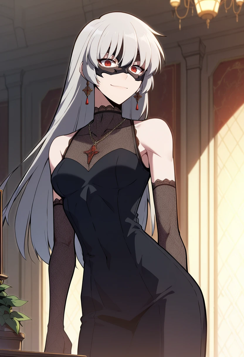 score_9, score_8_up, score_7_up,
<lora:SoloMaxLevelNewbie_AliceXL:0.8>, AliceSMLN,
1girl, solo, closed mouth, light smile,
grey hair, long hair, red eyes,
AliceHighClass, black dress, elbow gloves, mask, sleeveless, pendant, lace trim, earrings,
standing, looking at the viewer, facing viewer, cowboy shot, thigh gap,
indoors