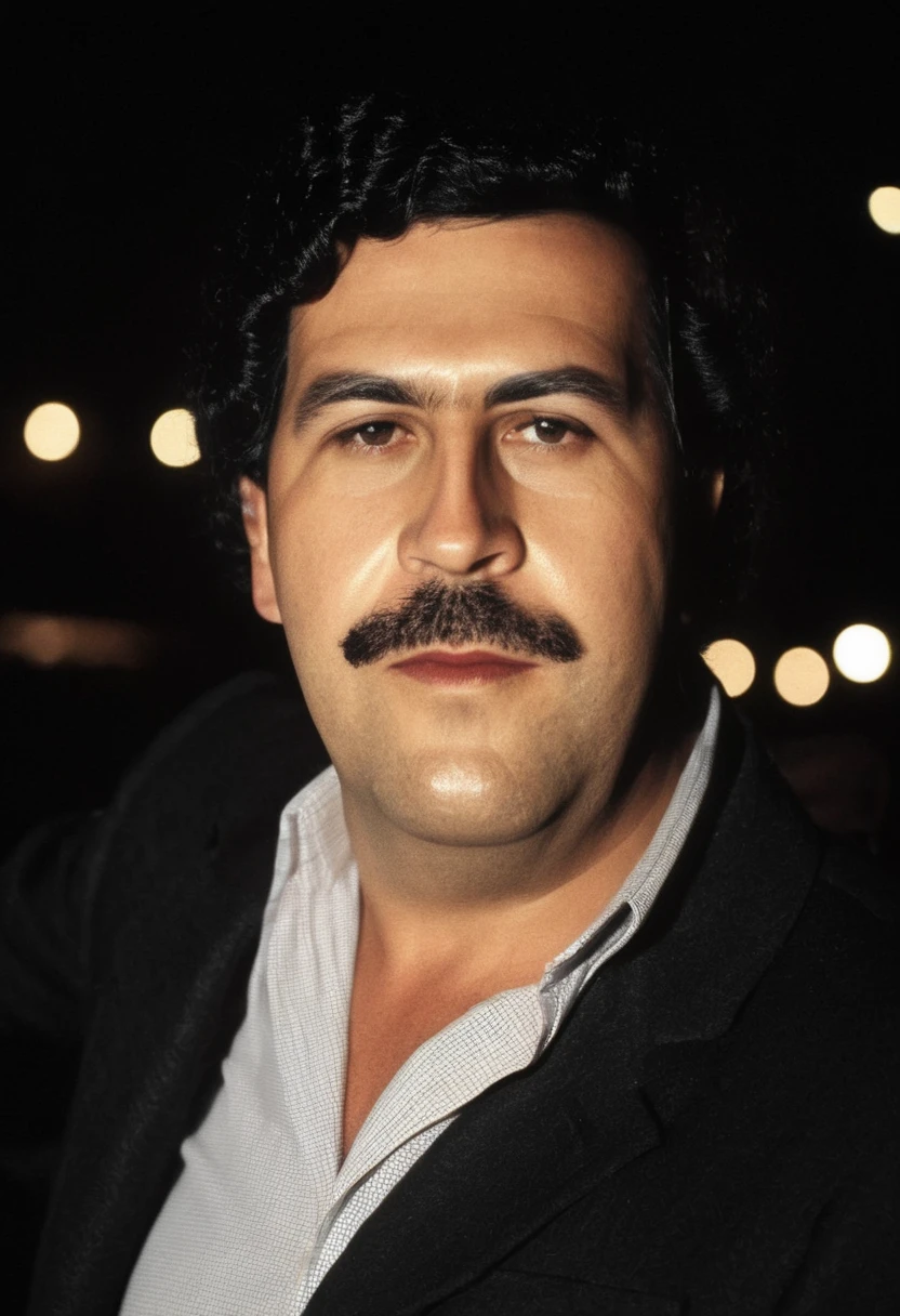 closeup face photo of pabloescobar,  man in black clothes, night city street, bokeh  <lora:PabloEscobar_SDXL_Vol1:1>