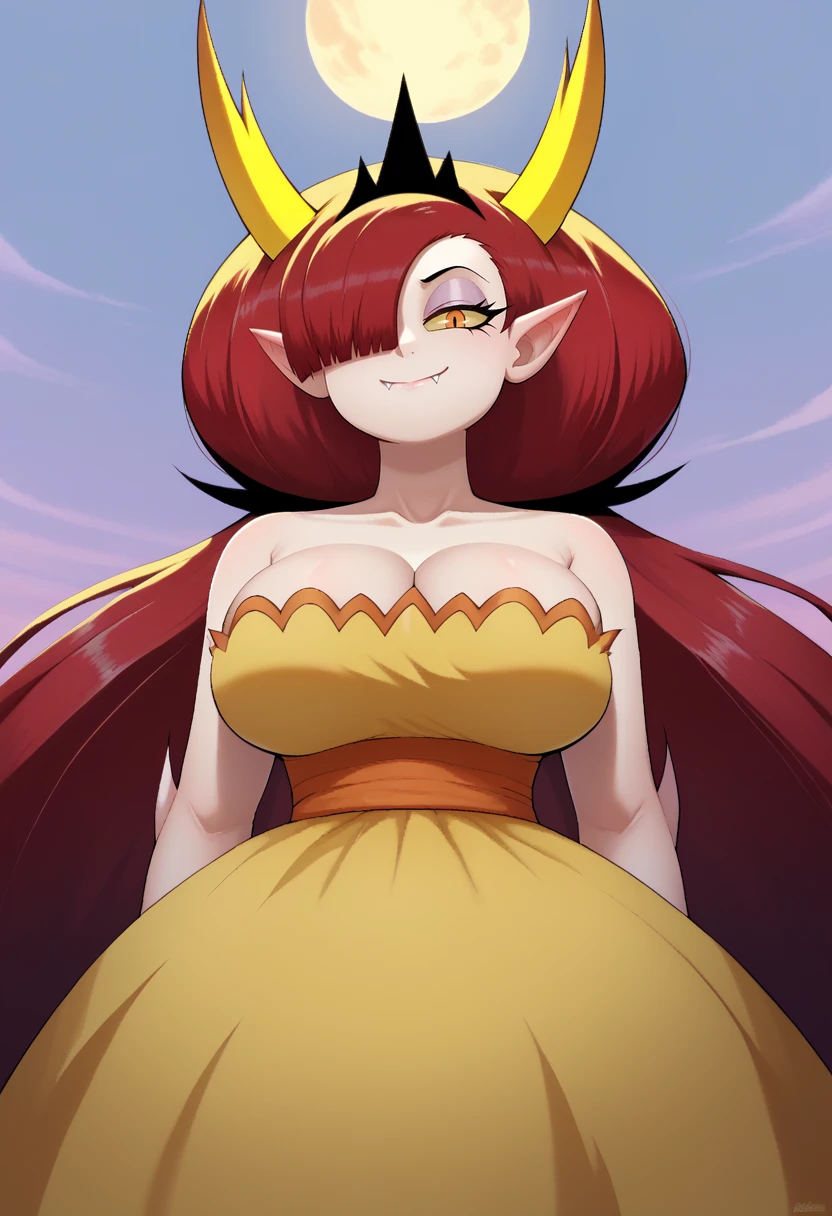 score_9, score_8_up, score_7_up, score_9,4k, HD, 8k, highres, antialiasing, detailed, texture, perspective, cinematic lighting, BREAK  <lora:hekapoo:0.9> hekapoo, 1girl, solo, long hair, looking at viewer, smile, large breasts, dress, cleavage, bare shoulders, very long hair, closed mouth, yellow eyes, red hair, horns, pointy ears, fang, hair over one eye,  strapless, colored skin, fangs, tiara, strapless dress, colored sclera, one eye covered, yellow dress, yellow sclera, cowboy shot, street background,