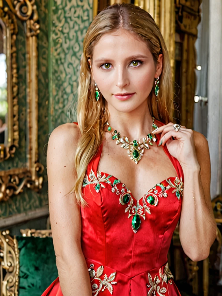 masterpiece,best quality,a photo of a beautiful woman,m4tty,dressed as a fashion model,ornate red dress,long blonde hair,green eyes,makeup,eye shadow,earrings,necklace,<lora:Matty_Mix_XL:0.7>,