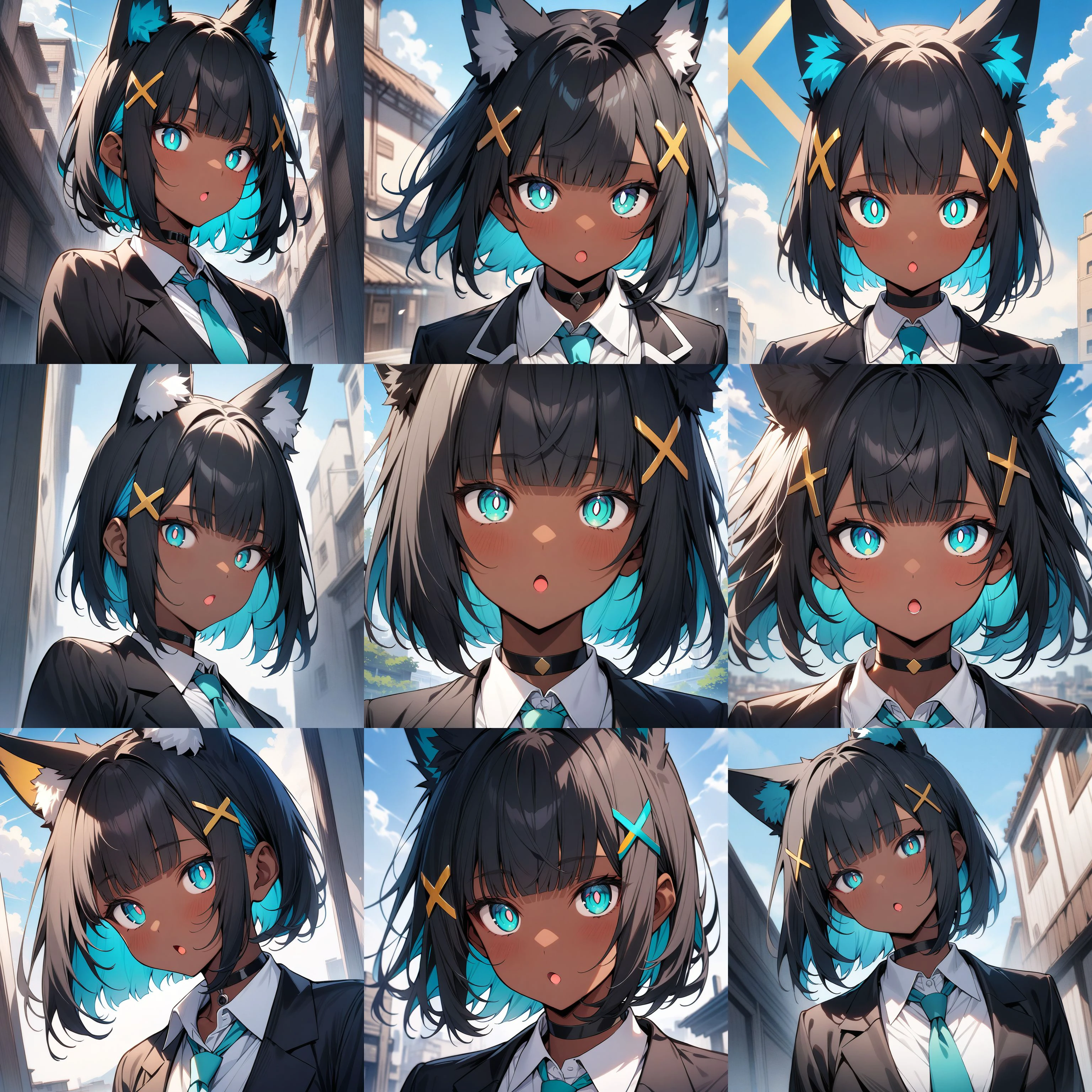 masterpiece,best quality,1girl,dark skin,dark-skinned female,black hair,bangs,blunt bangs,blue inner hair,short hair,yellow x hair ornament,fox ears,white pompom in ears,aqua eyes,white pupils,bright pupils,black choker,(black blazer:1.1),white shirt,aqua tie,sky,detailed background,face focus,<lora:kb_sdxl_u_mouth_lora:2>,