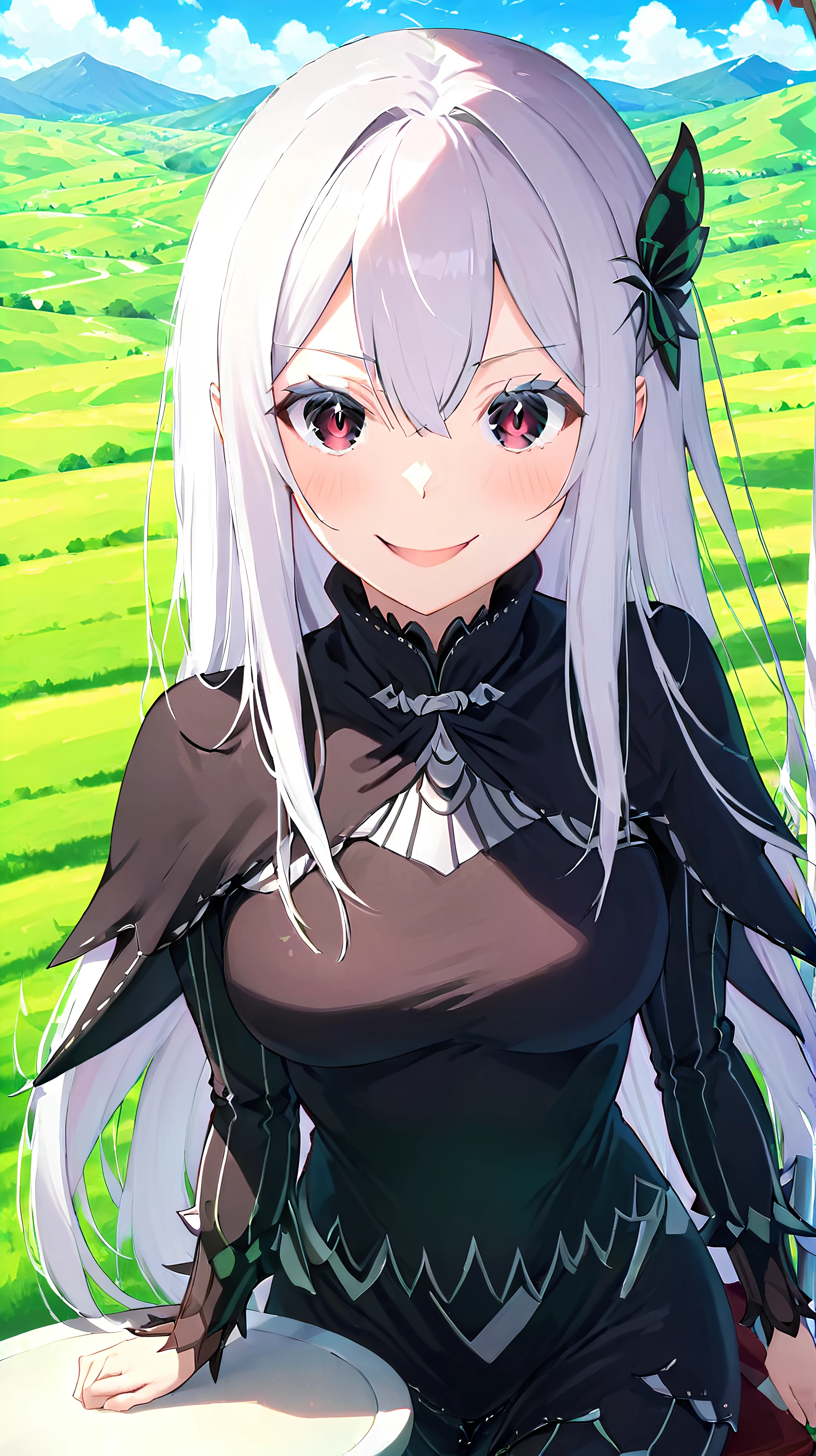 <lora:Anime Enhancer XL V2:1>
<lora:Echidna:1>
1girl, echidna_rezero, echidna_rezero smiling, green hills in the background