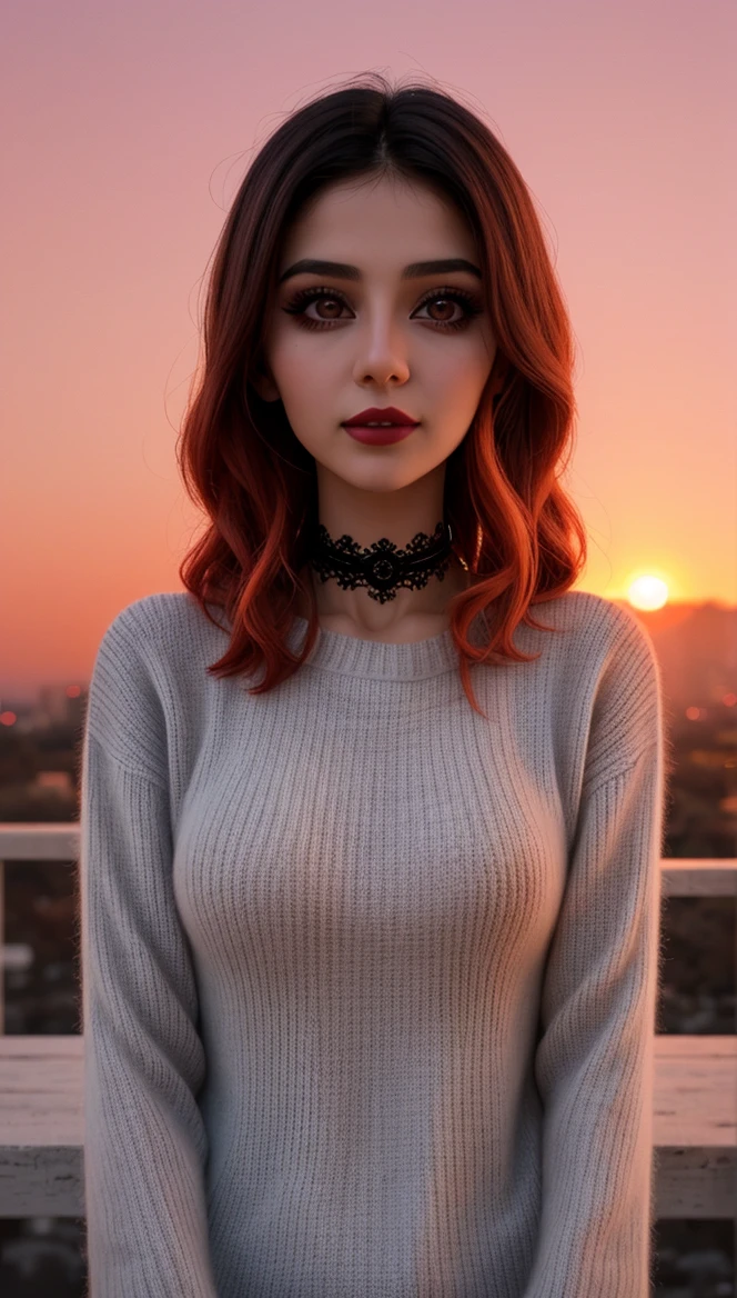 1 young cute iranian girl, very slim, skinny, redhead, rouge, red neck lace choker, cateyes makeup, colorful, oversize knit jumper, softcore, warm lighting, cosy atmosphere, Instagram style, red theme, upper body shot,(cinematic, black and red:0.85), (sunset beautiful background:1.3), sharp, dim colors