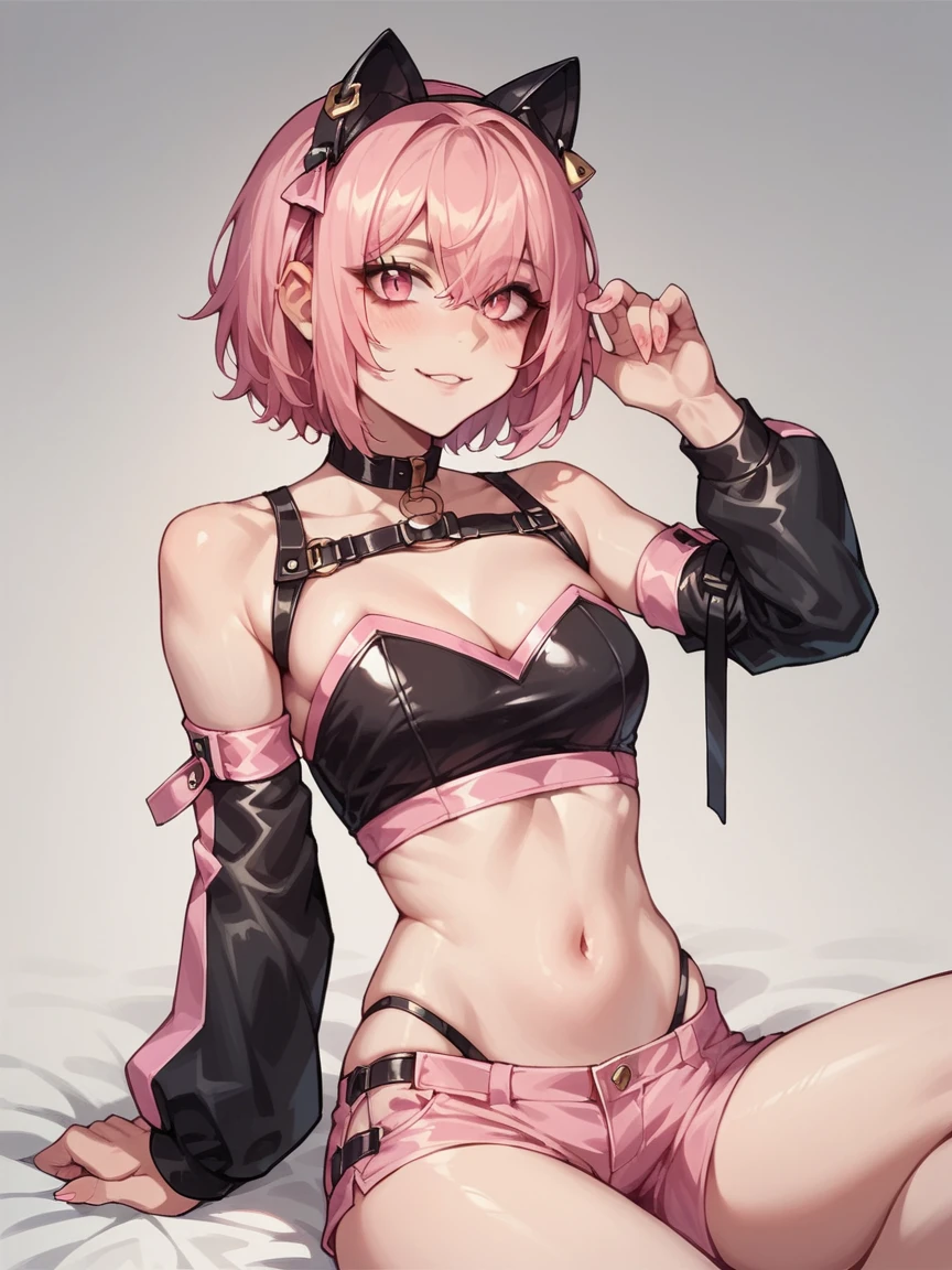 score_9, score_8_up, score_7_up, score_6_up,  <lora:d4ng3rXLP:0.6> d4ng3r, shorts, elbow gloves, 1girl, cat ears, crop top, pink and black