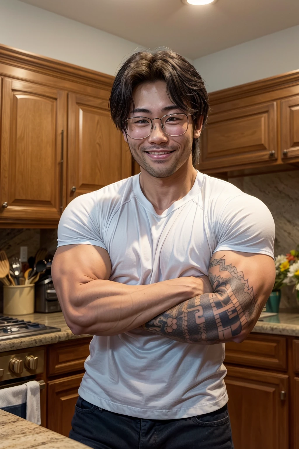 justinsaiyann, shirt, muscular, tattoo, kitchen, glasses, stubble, asian, smiling, crossed arms, daylight<lora:EMS-283192-EMS:0.800000>, <lora:EMS-93-EMS:1.000000>