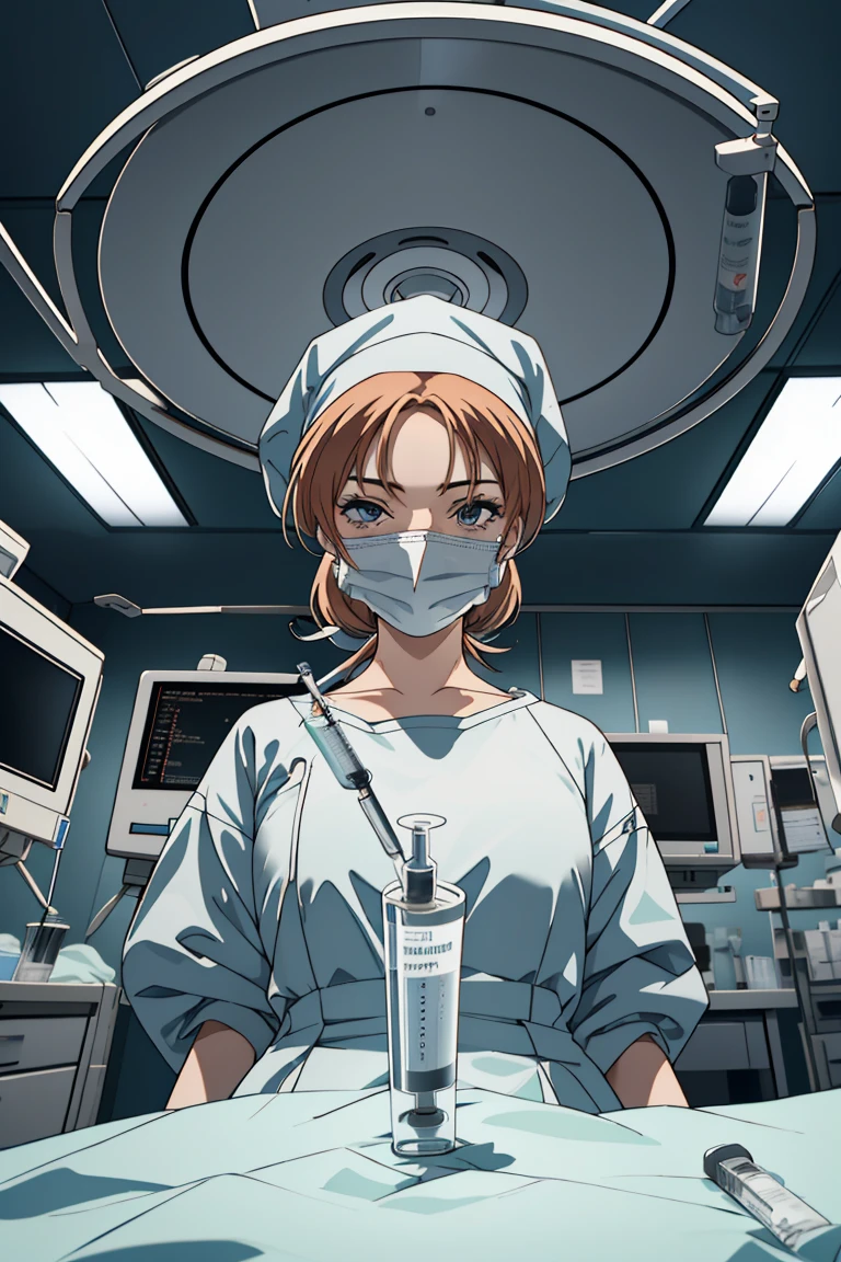 (RAW photo, best quality), operating room, overhead surgical light,blurred background, focused, dithering,backlighting,
 <lora:injection_V1.0-000005:0.8> injection_pov, 1girl, solo, looking at viewer, holding, surgical mask, holding syringe, 
 <lora:marida:0.6> marida, character,