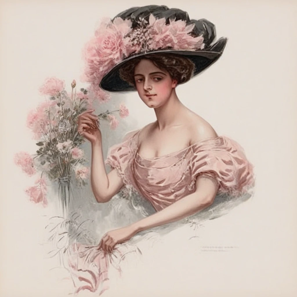 surrounded by an abundance of flowers, conveying a sense of quiet confidence and elegance. The soft pastel color palette and the focus on the woman's face and elaborate costume emphasize her beauty and status. The overall impression is one of femininity, and is seen wearing a watch. He is affectionately holding the woman. The woman is dressed in a pink dress, while the child is seated nearby, emphasizing the woman and her art supplies., elaborate hats were a status symbol among women of affluence. The hat's dark hues contrast beautifully with her fair complexion and the soft