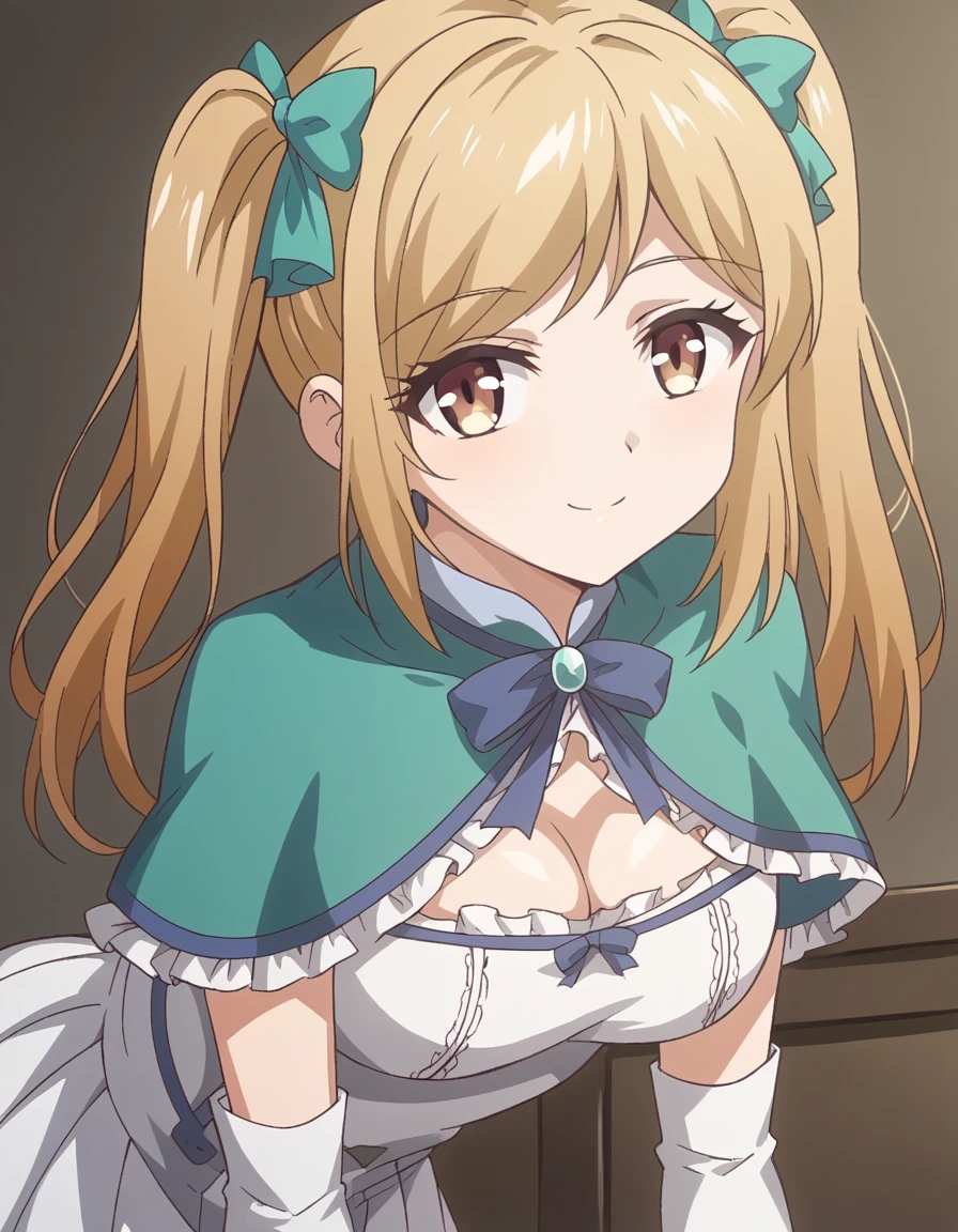 score_9, score_8_up, score_7_up, source_anime,
yushia, <lora:yushia-ova-ponyxl-lora-nochekaiser:1>,
yushia, long hair, bangs, blonde hair, bow, twintails, brown eyes, hair bow, two side up,
capelet, blue capelet, dress, white dress, skirt, white skirt, pleated skirt, gloves, elbow gloves, white gloves, frills, cleavage,
indoors, bent over, smile,
solo, dutch angle, looking at viewer, cowboy shot,