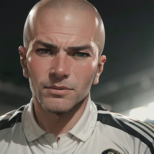 1boy, man,( zizou:1.2), looking at the viewer, portrait, focus on face,( bald:0.7), sportswear,( stubble:1.2), soccer uniform, close up, <lora:Zinedine_Zidane:1>