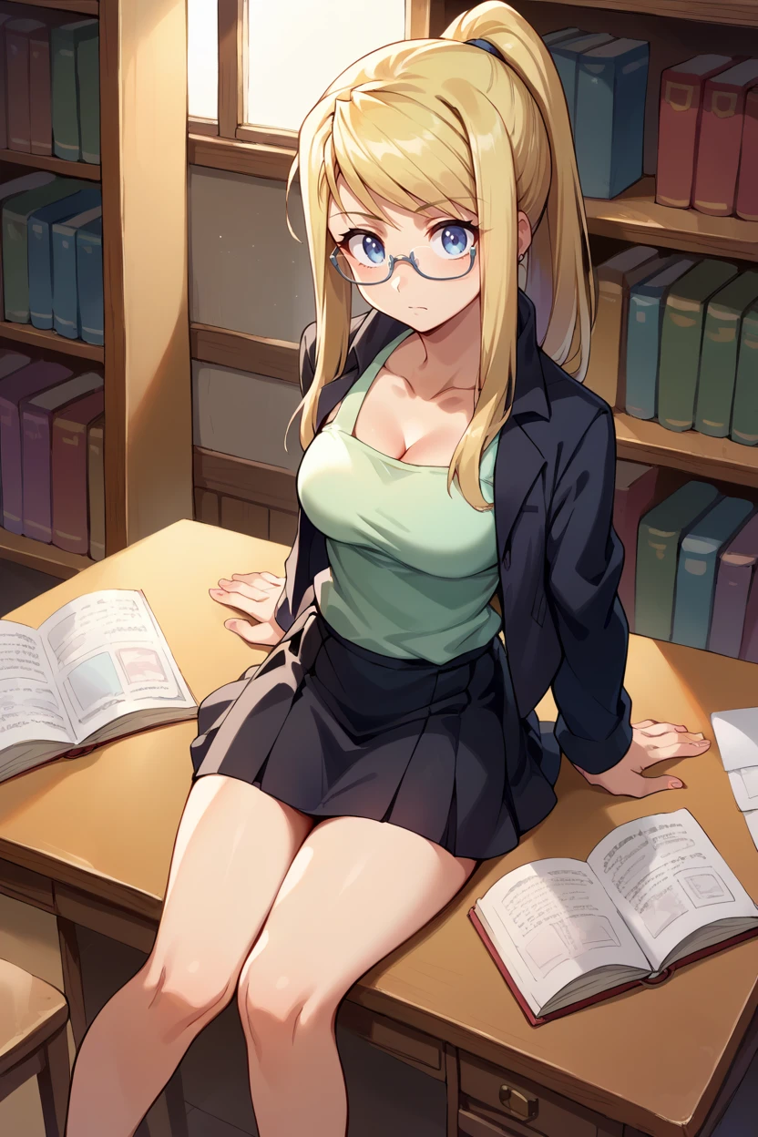 score_9, score_8_up, score_7_up, score_6_up, source_anime BREAK 1girl,  <lora:winry-pdxl-nvwls-v1-000006:1> winry rockbell, ponytail, black jacket, green tank top, black skirt, glasses, sitting, desk, chair, bookshelf, reading book, looking at you, curious