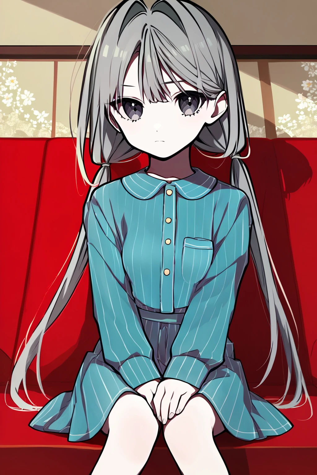 score_9, score_8_up, score_7_up, score_6_up, rating_safe, source_anime, best quality, masterpiece, detailed background, detailed background, detailed eyes, living room, 2.5d, sitting, holding own knees, blue pajamas, (long hair), <lora:mia-xl-05:1.2>, loopers mia, tired, small breasts, pigtails, grey hair,